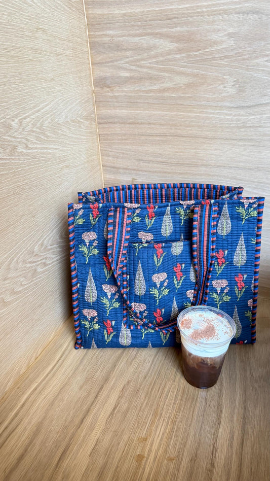 Hand blocked print floral cotton quilt navy blue tote bag / reversible stripe cotton tote bag/ beach bag / floral navy dark blue tote bag - Chickticks