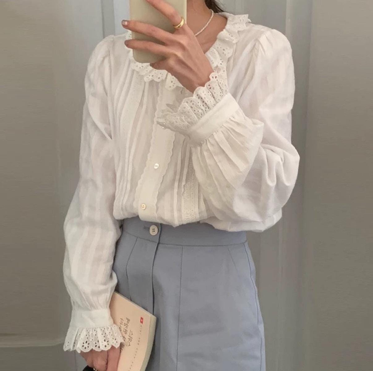 White cotton shirt french lace romantic top. Doen inspired dress. Sezane inspired shirt. Cozy comfortable cotton shirt. Boho victorian top - Chickticks