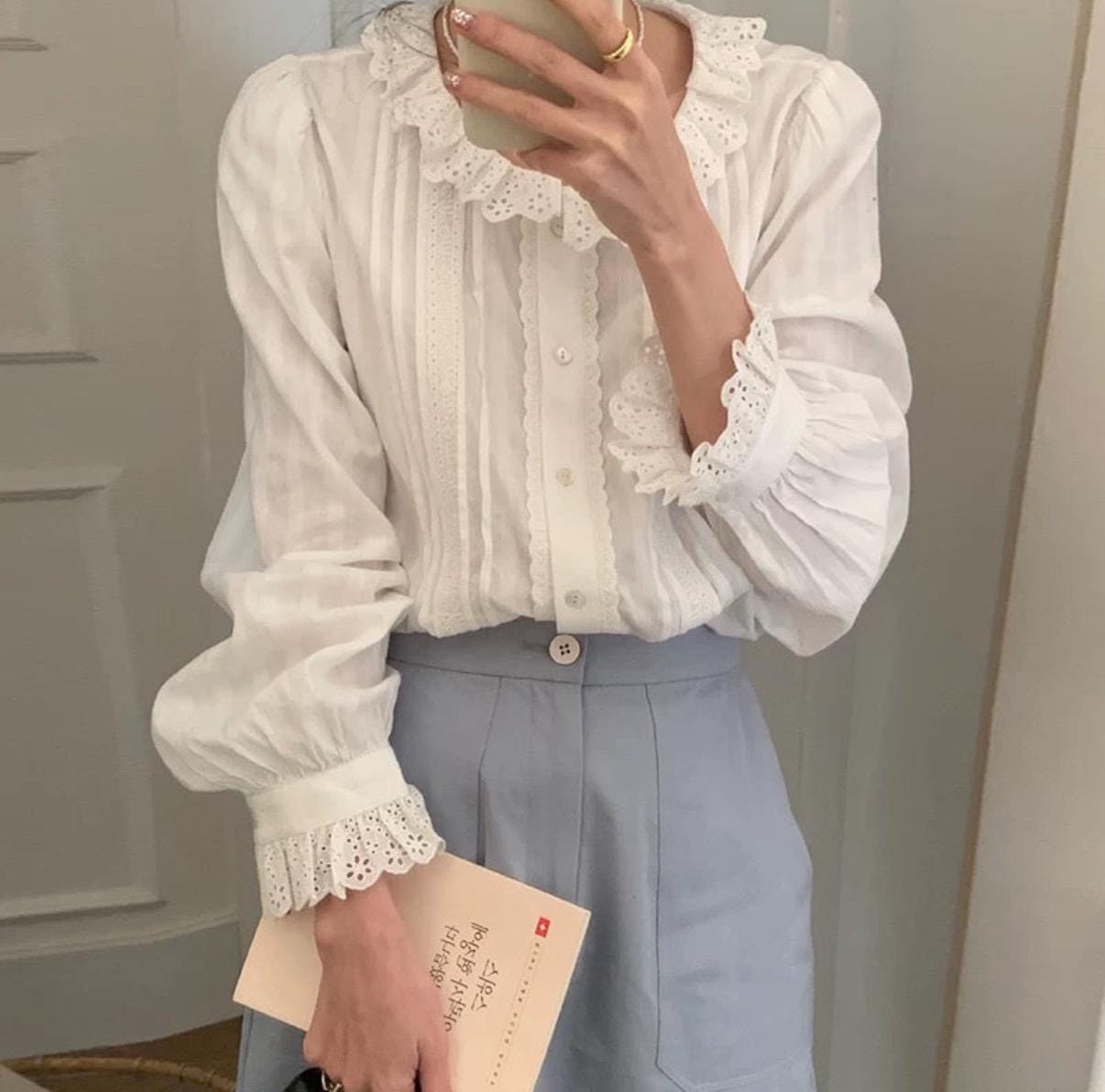 White cotton shirt french lace romantic top. Doen inspired dress. Sezane inspired shirt. Cozy comfortable cotton shirt. Boho victorian top - Chickticks