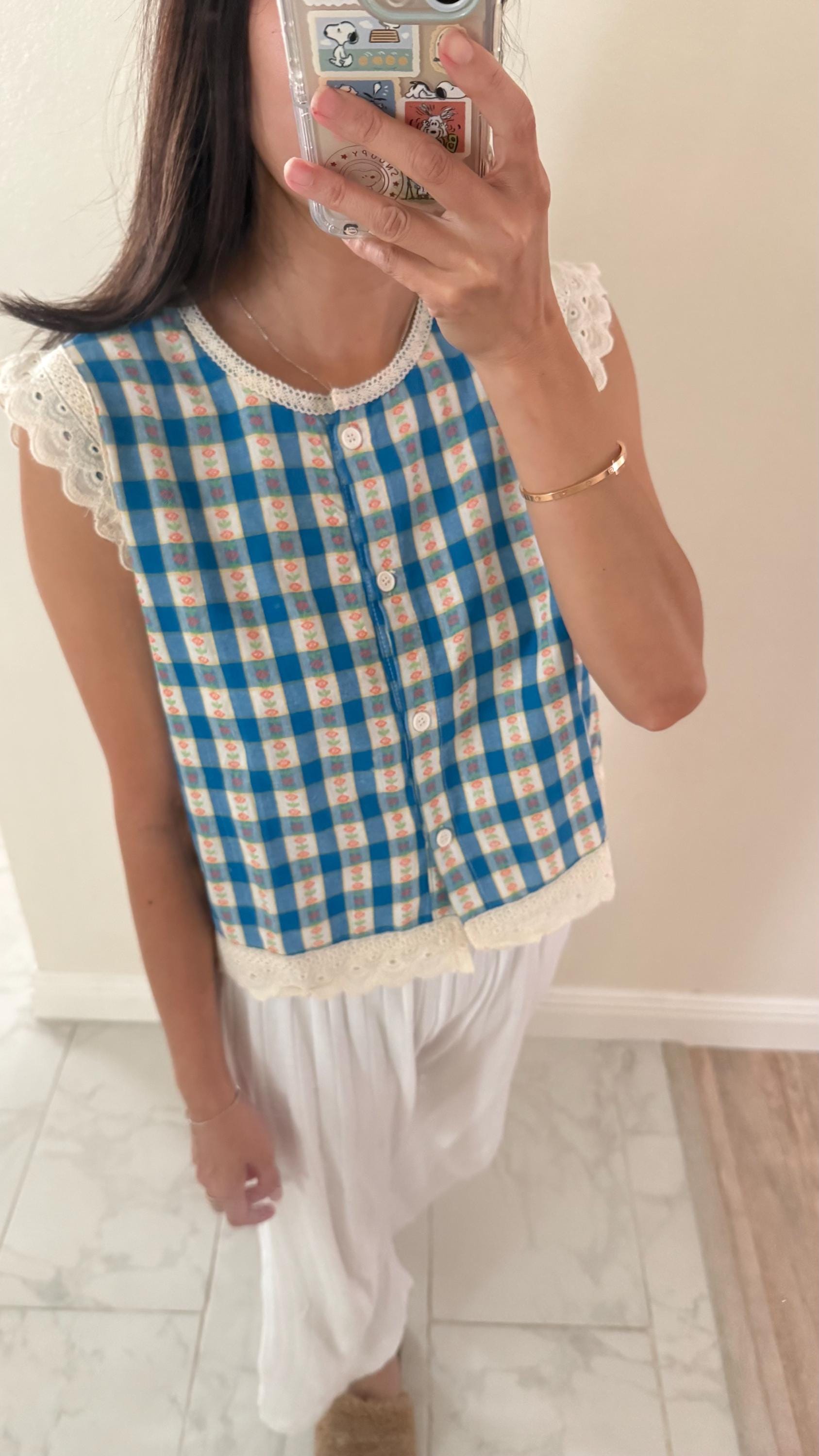 Blue Gingham Floral shirt french style vintage inspired. Bohemian shirt. Victorian shirt. Romantic blouse. Vest top doen sezane top - Chickticks