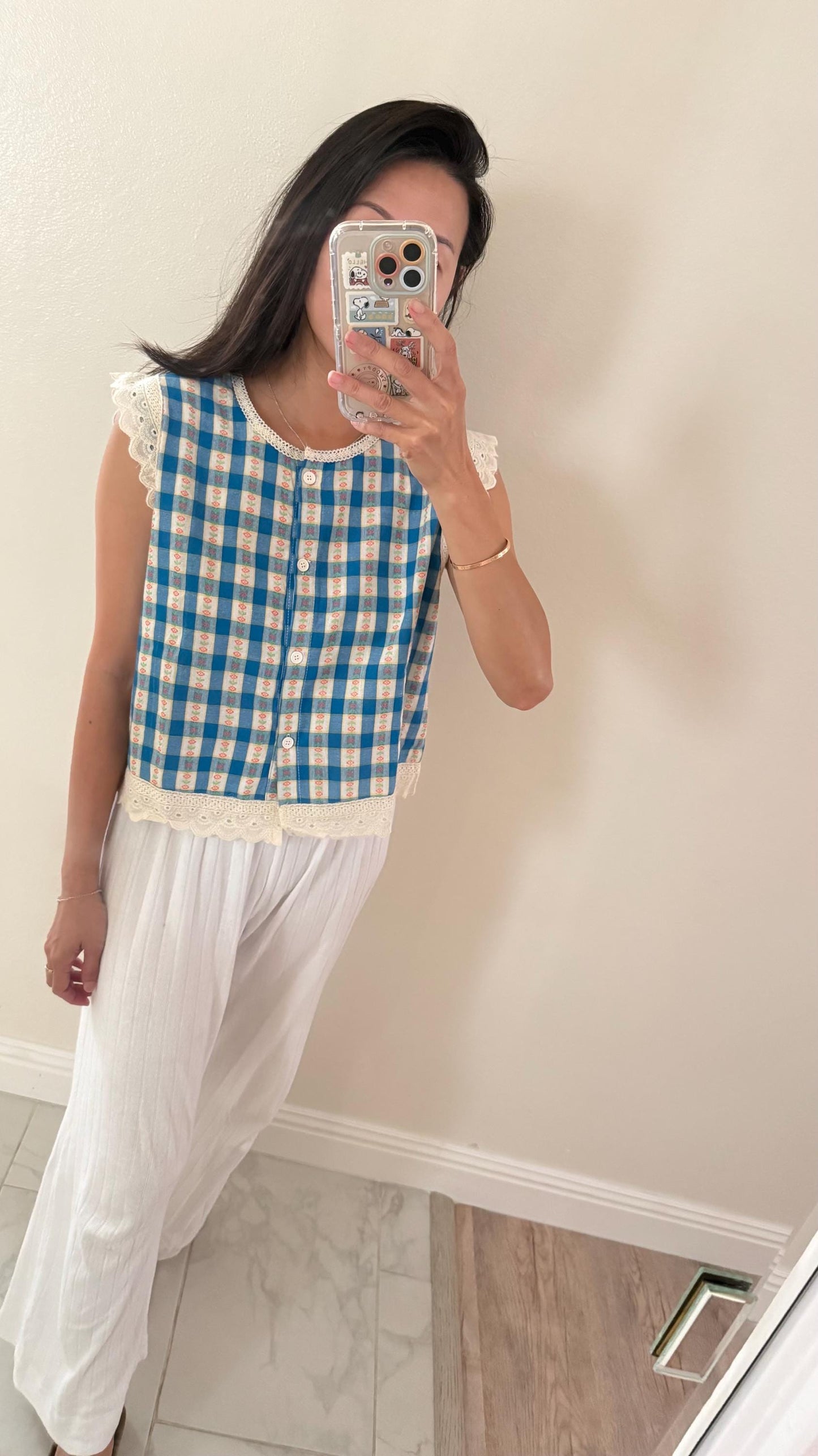 Blue Gingham Floral shirt french style vintage inspired. Bohemian shirt. Victorian shirt. Romantic blouse. Vest top doen sezane top - Chickticks