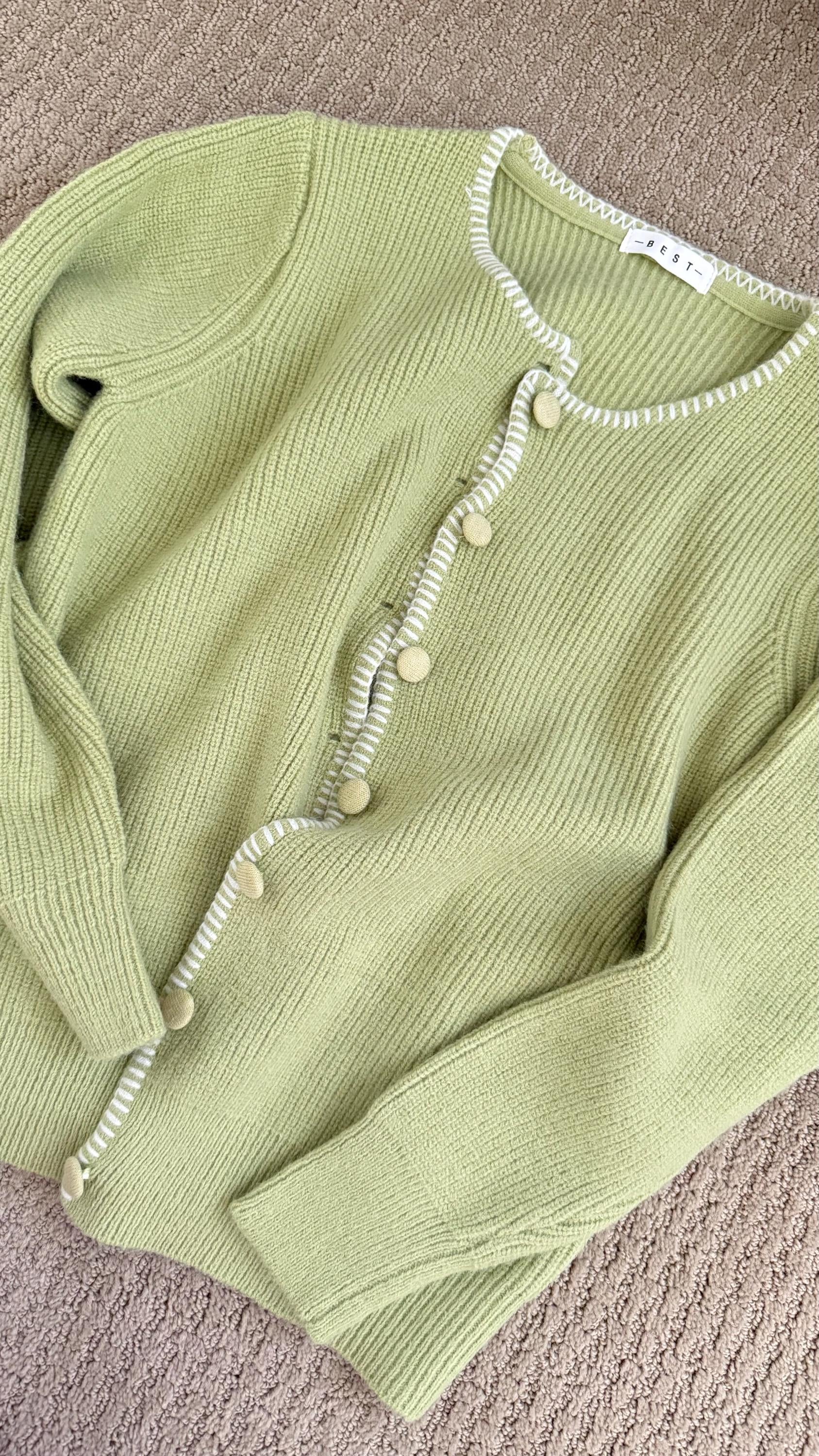 Green lime sage french style cardig vintage inspired. Romantic cozy cardigan. Boho Victorian cardigan. Doen Sezane inspired cardigan - Chickticks