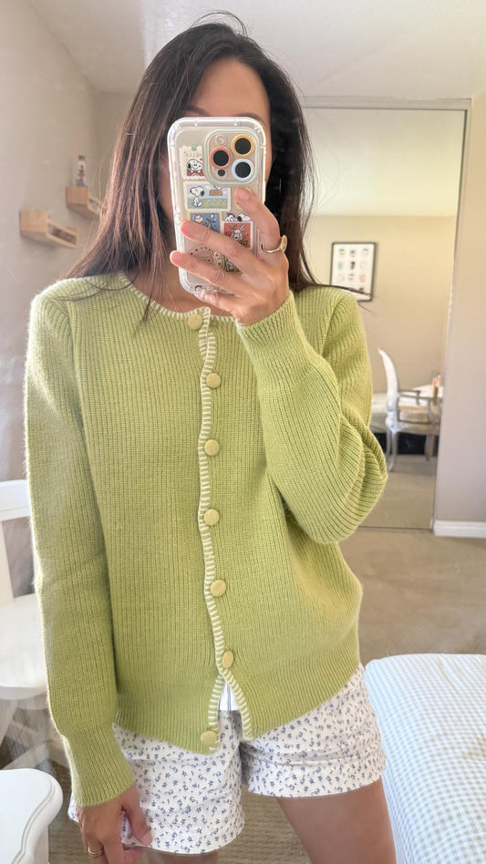 Green lime sage french style cardig vintage inspired. Romantic cozy cardigan. Boho Victorian cardigan. Doen Sezane inspired cardigan - Chickticks