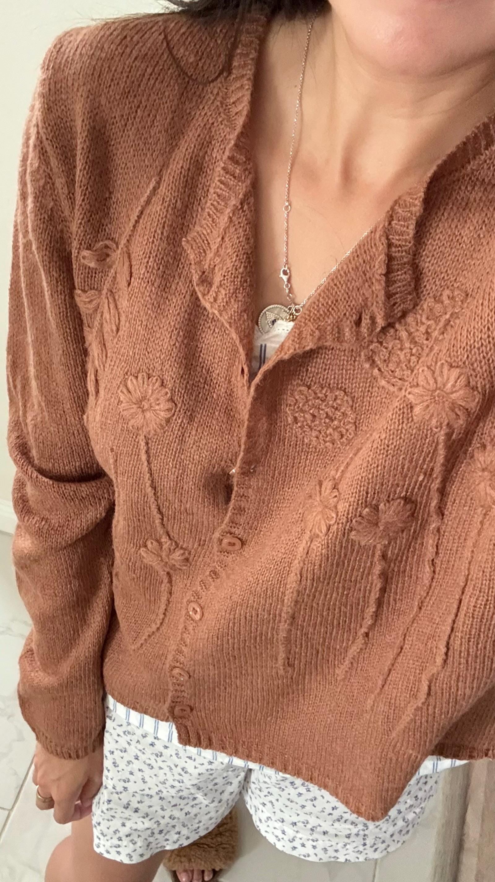 Brown floral cardigan french vintage inspired style . Doen inspired cardigan. Sezane inspired top cardigan. Cozy romantic cardigan - Chickticks