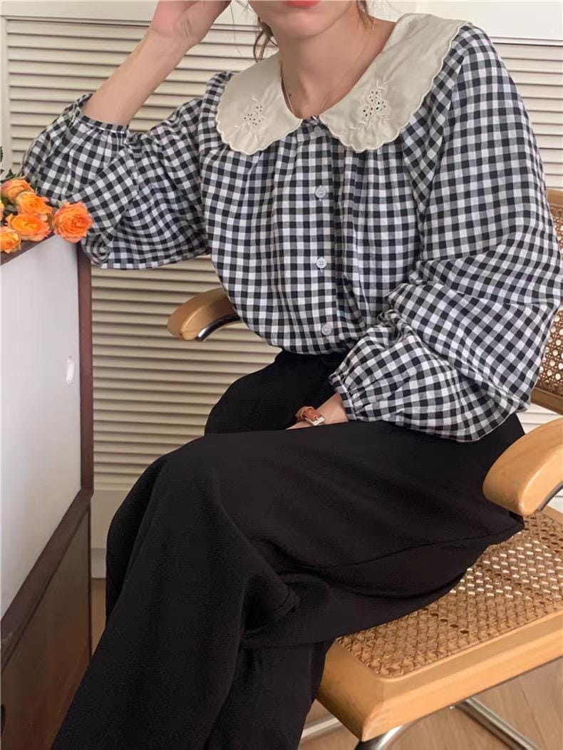 Cotton black gingham style vintage inspired. Victorian style shirt. Bohemian style shirt. Cozy comfortable top. Doen Sezane inspired top - Chickticks