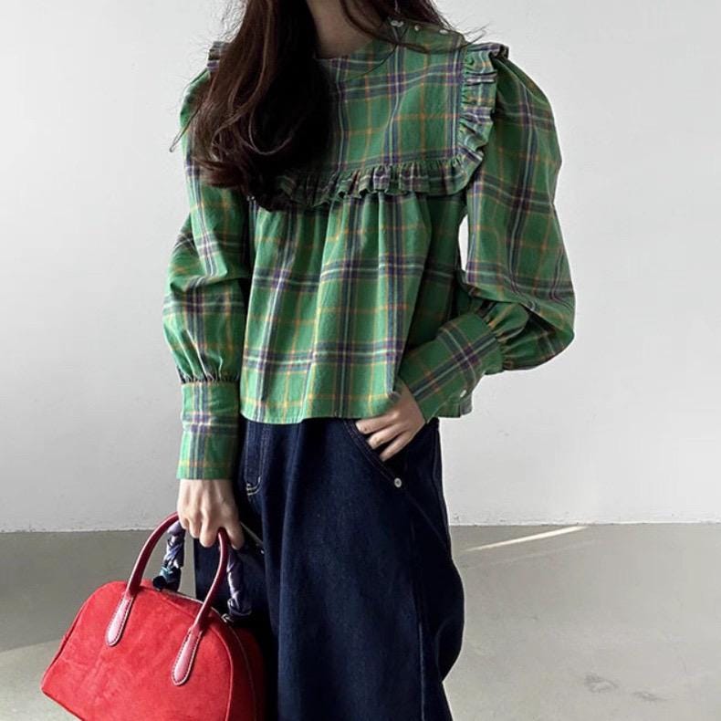 Cotton green gingham shirt french style vintage inspired. Victorian style shirt. Bohemian style shirt. Cozy comfortable top. Romantic blouse - Chickticks