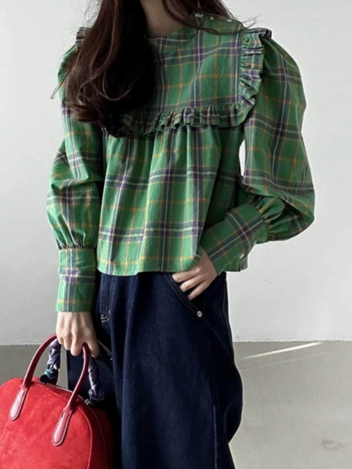 Cotton green gingham shirt french style vintage inspired. Victorian style shirt. Bohemian style shirt. Cozy comfortable top. Romantic blouse - Chickticks