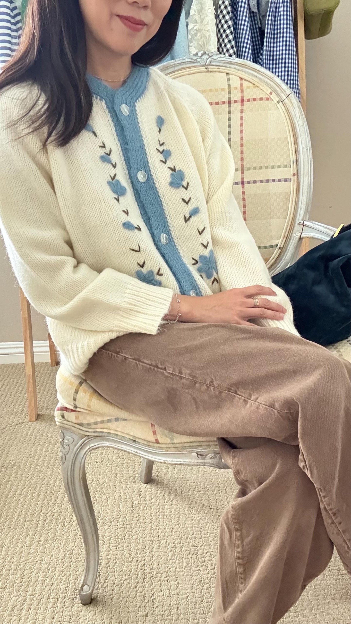 White blue soft wool knit vintage inspired cardigan. Cozy romantic cardigan. Doen Sezane inspired cardigan. Thick wool cardigan