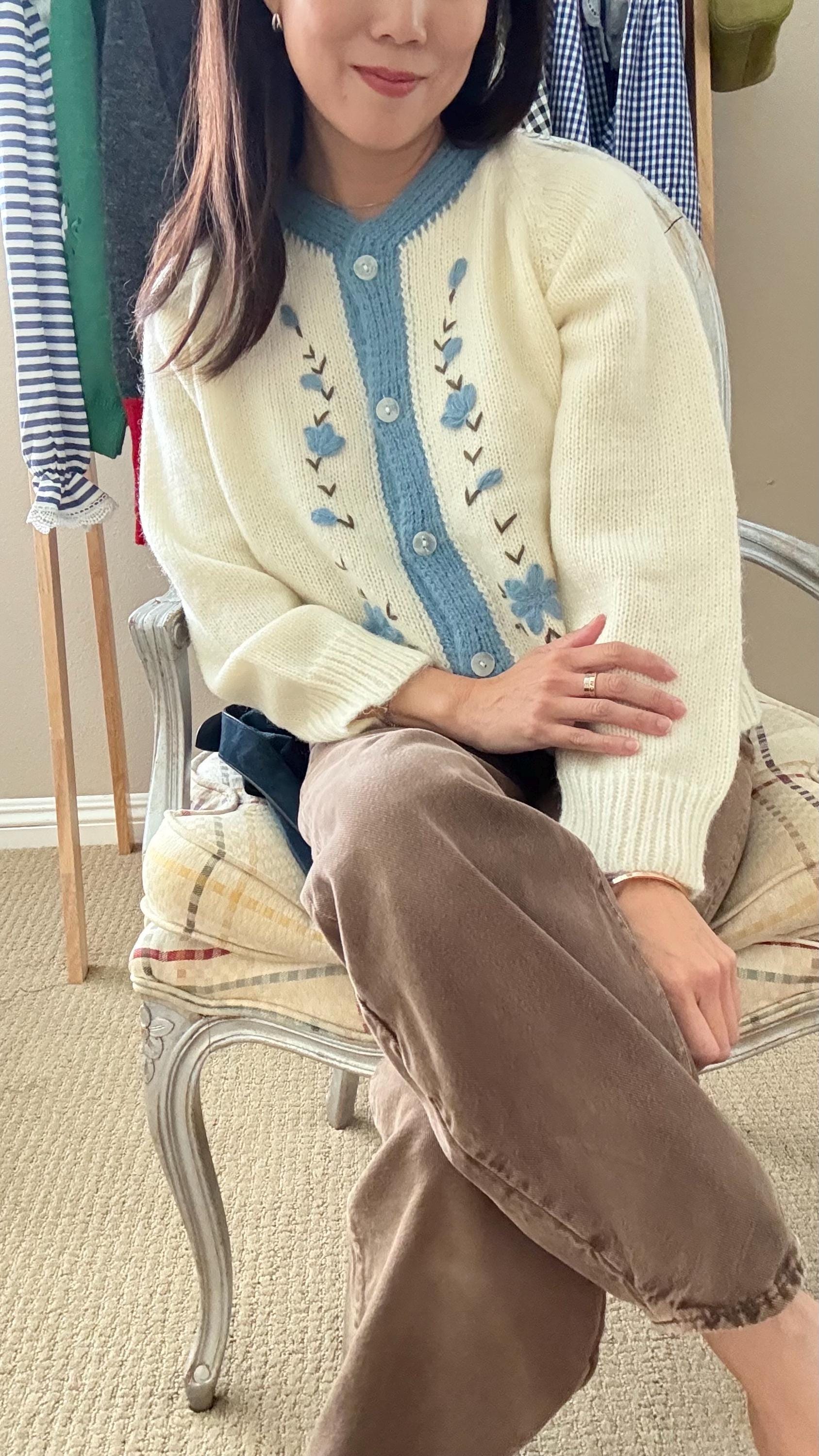 White blue soft wool knit vintage inspired cardigan. Cozy romantic cardigan. Doen Sezane inspired cardigan. Thick wool cardigan