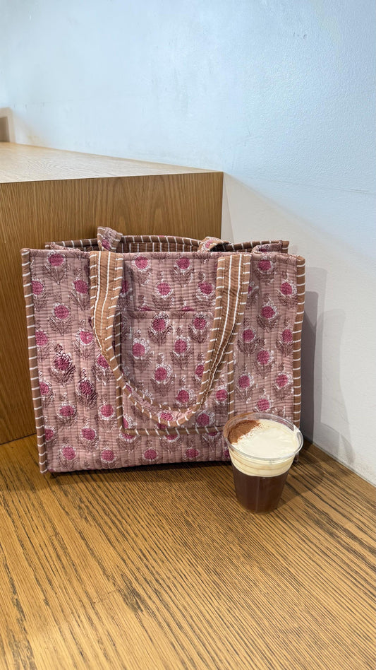 Handblocked Pink Floral Print Cotton Quilt Tote Bag. Large Tote Bag with Pockets. Multifunctional Tote Bag. Everyday Tote Bag. Holiday Bag.