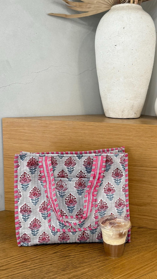 Grey Red Floral Print Cotton Quilt Tote Bag. Large Tote Bag with Pockets. Multifunctional Tote Bag. Everyday Tote Bag. Holiday Bag.