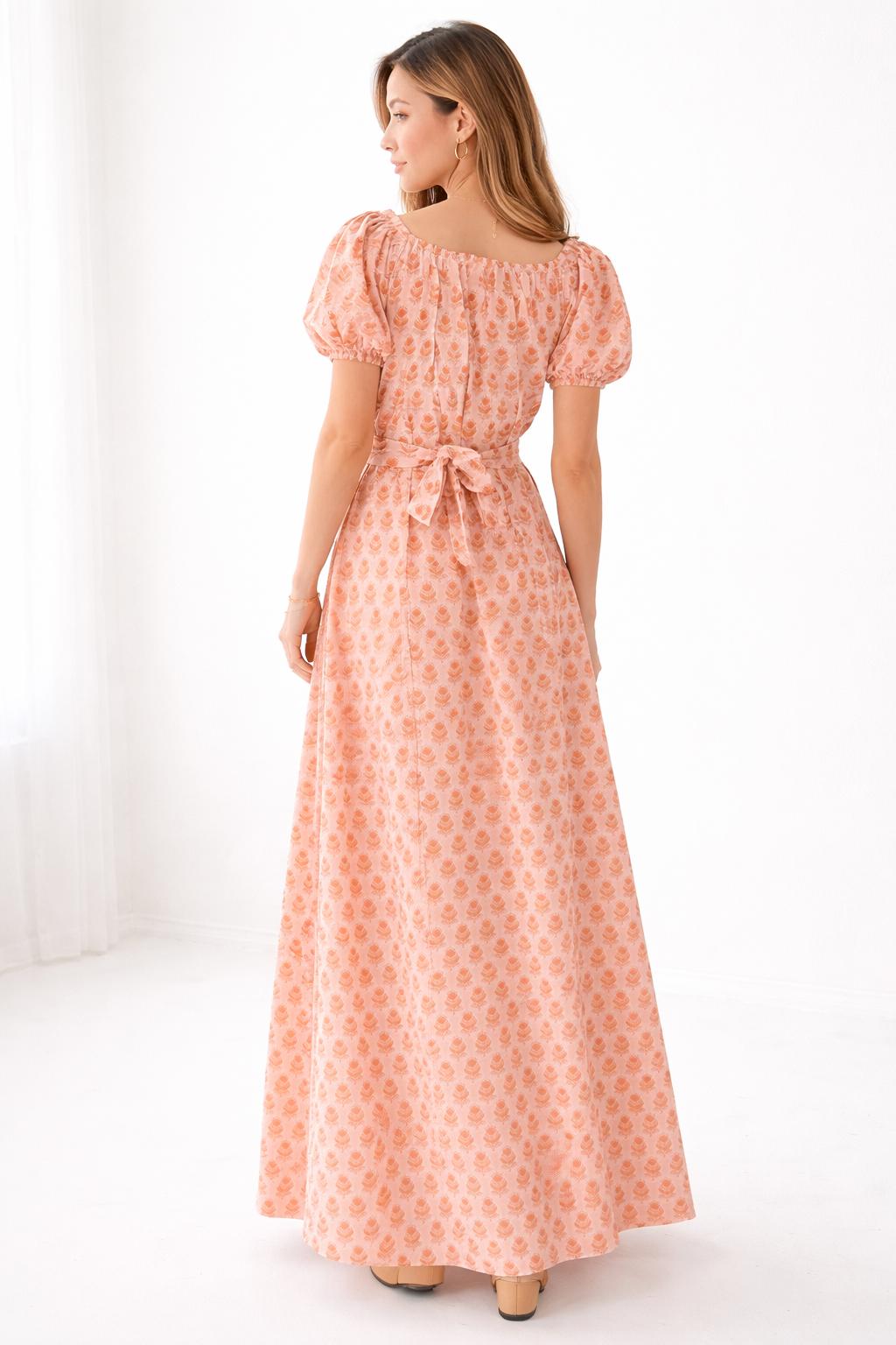 Floral Cotton Maxi Dress. Resort Nap Dress with Pockets. . Handblocked floral print Dress. Cottage core Whimsical dress