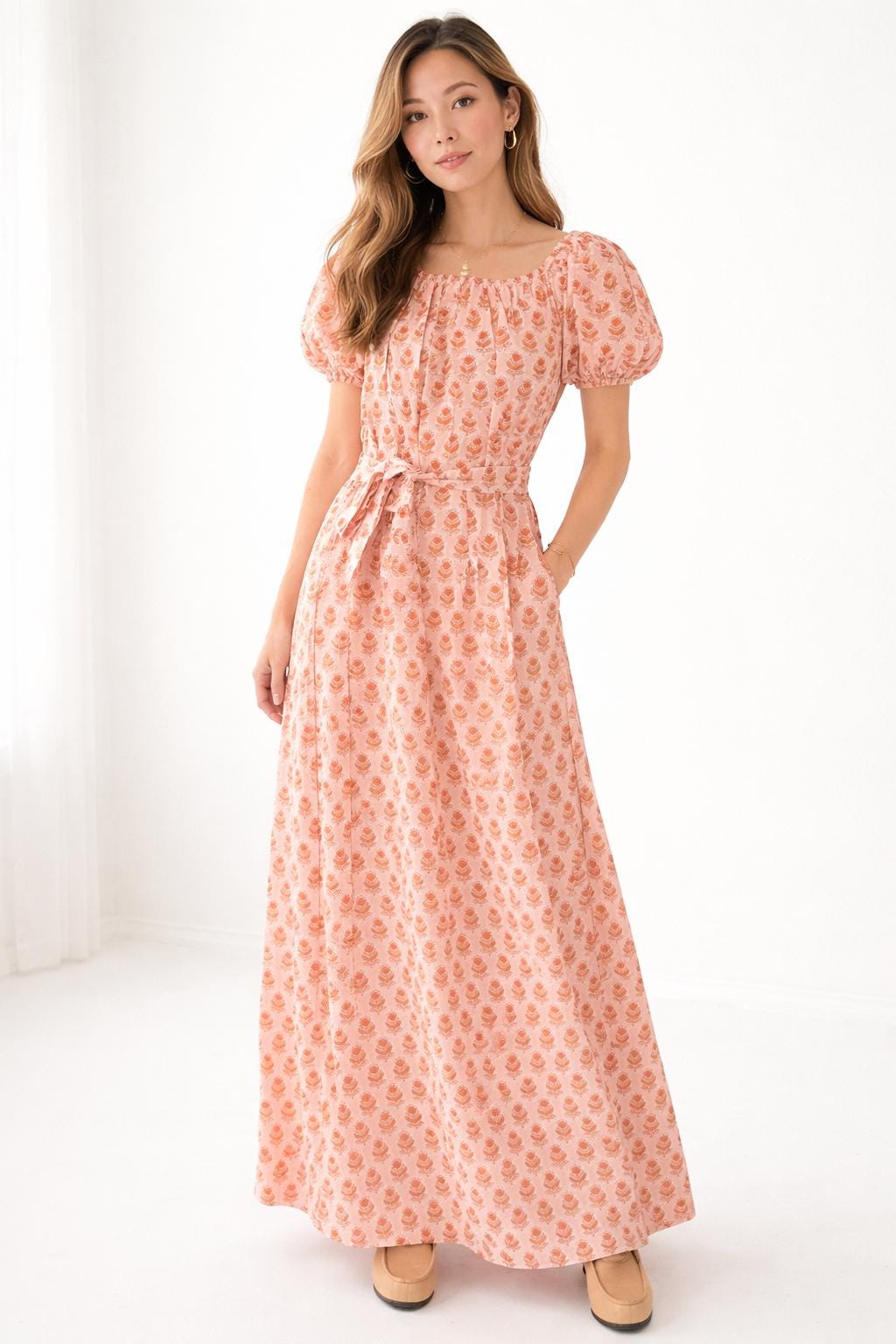 Floral Cotton Maxi Dress. Resort Nap Dress with Pockets. . Handblocked floral print Dress. Cottage core Whimsical dress