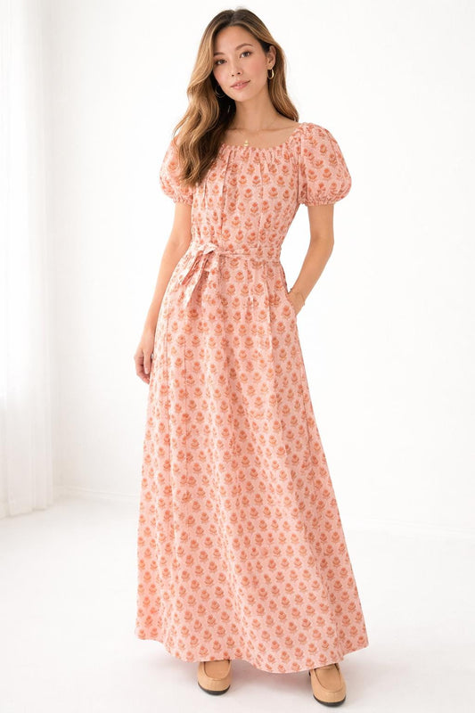 Floral Cotton Maxi Dress. Resort Nap Dress with Pockets. . Handblocked floral print Dress. Cottage core Whimsical dress