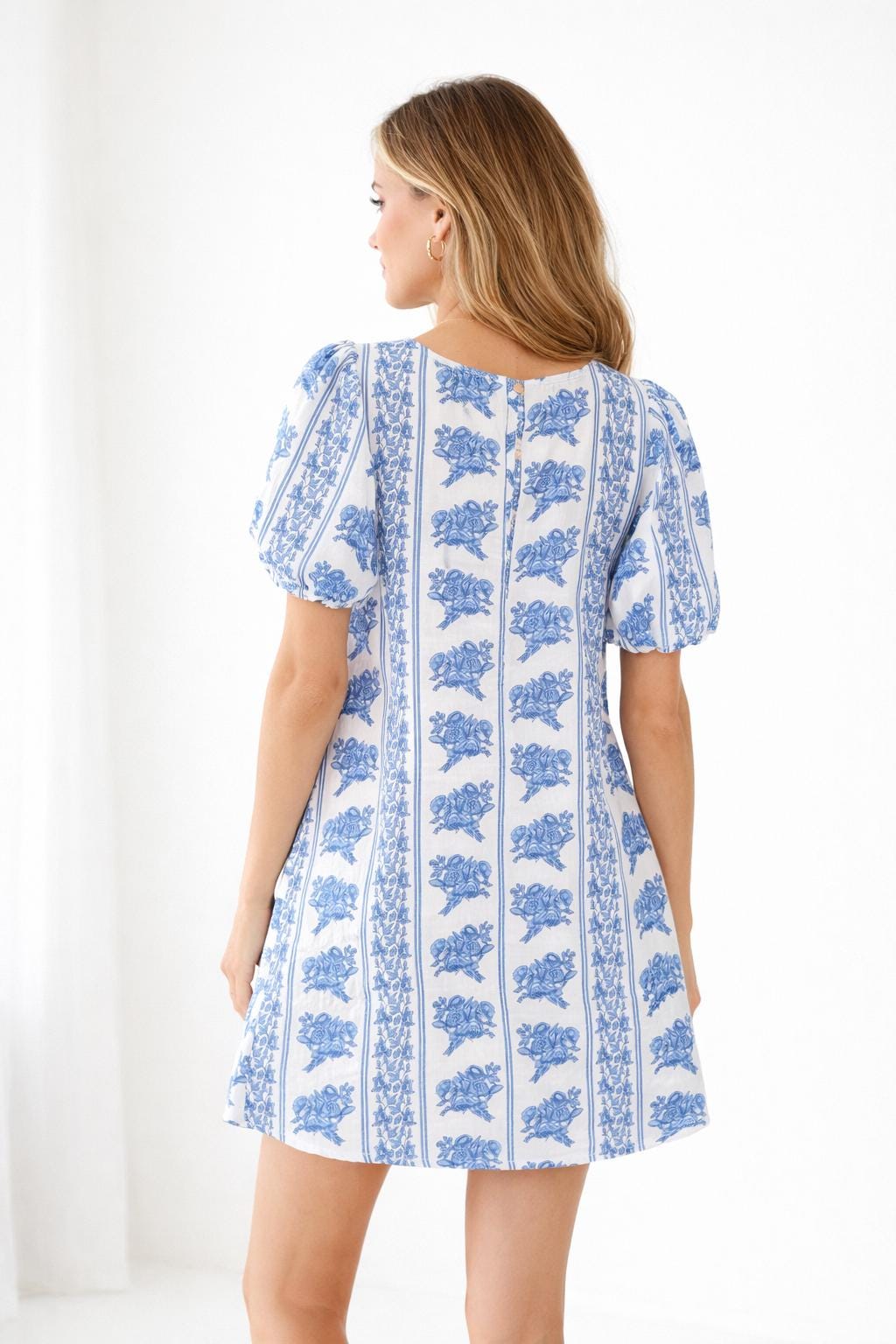 Handblock Print Cotton Dress. White Blue Floral Classic Cottage core Nap Dress
