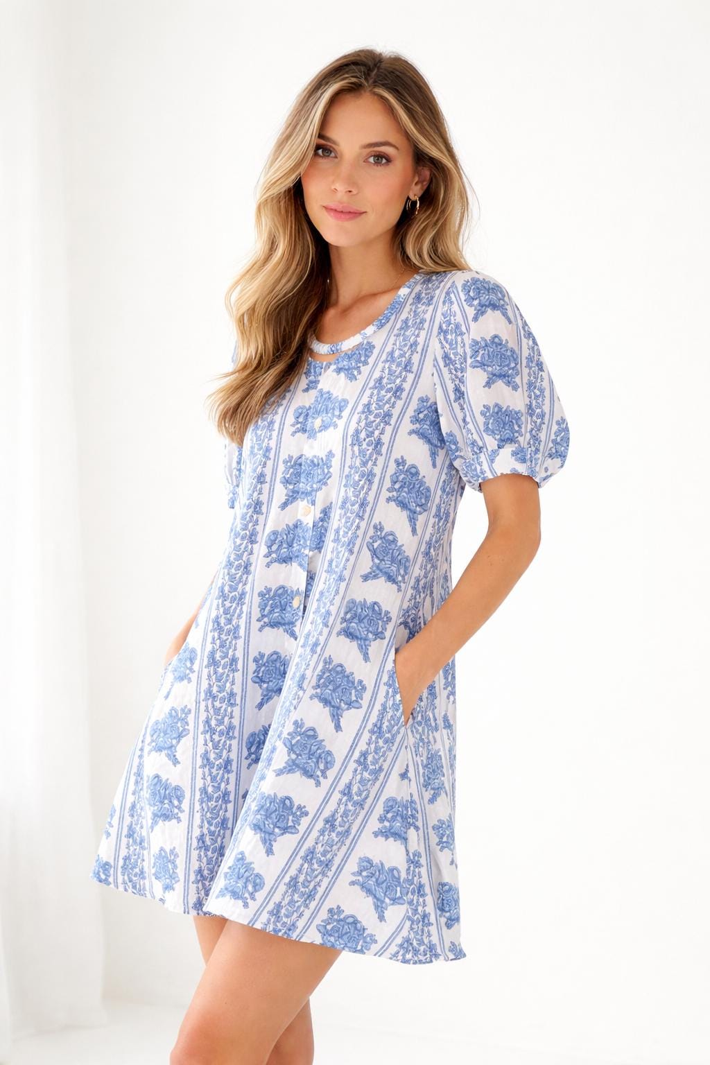 Handblock Print Cotton Dress. White Blue Floral Classic Cottage core Nap Dress