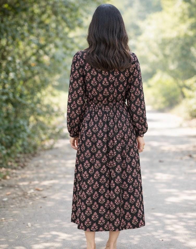 Floral Cotton Maxi Dress. Bohemian Victorian Style Dress with Pockets. . Cotton Long Sleeve Shirt Nap Dress.
