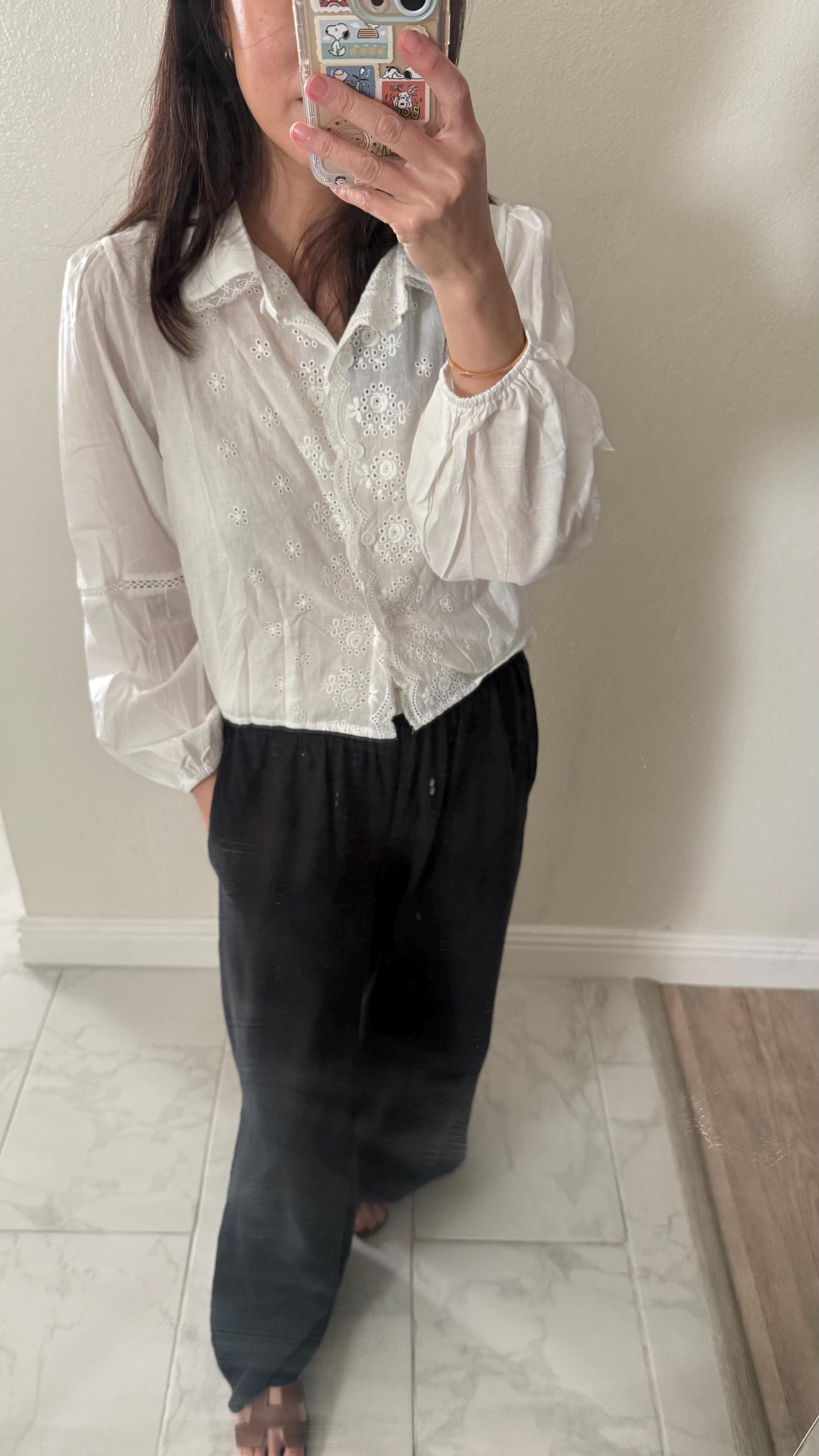 Cotton Eyelet Ruffle Blouse. Romantic Cottage core Whimsical Top. Peter pan collar sweet top. Cozy comfortable top.