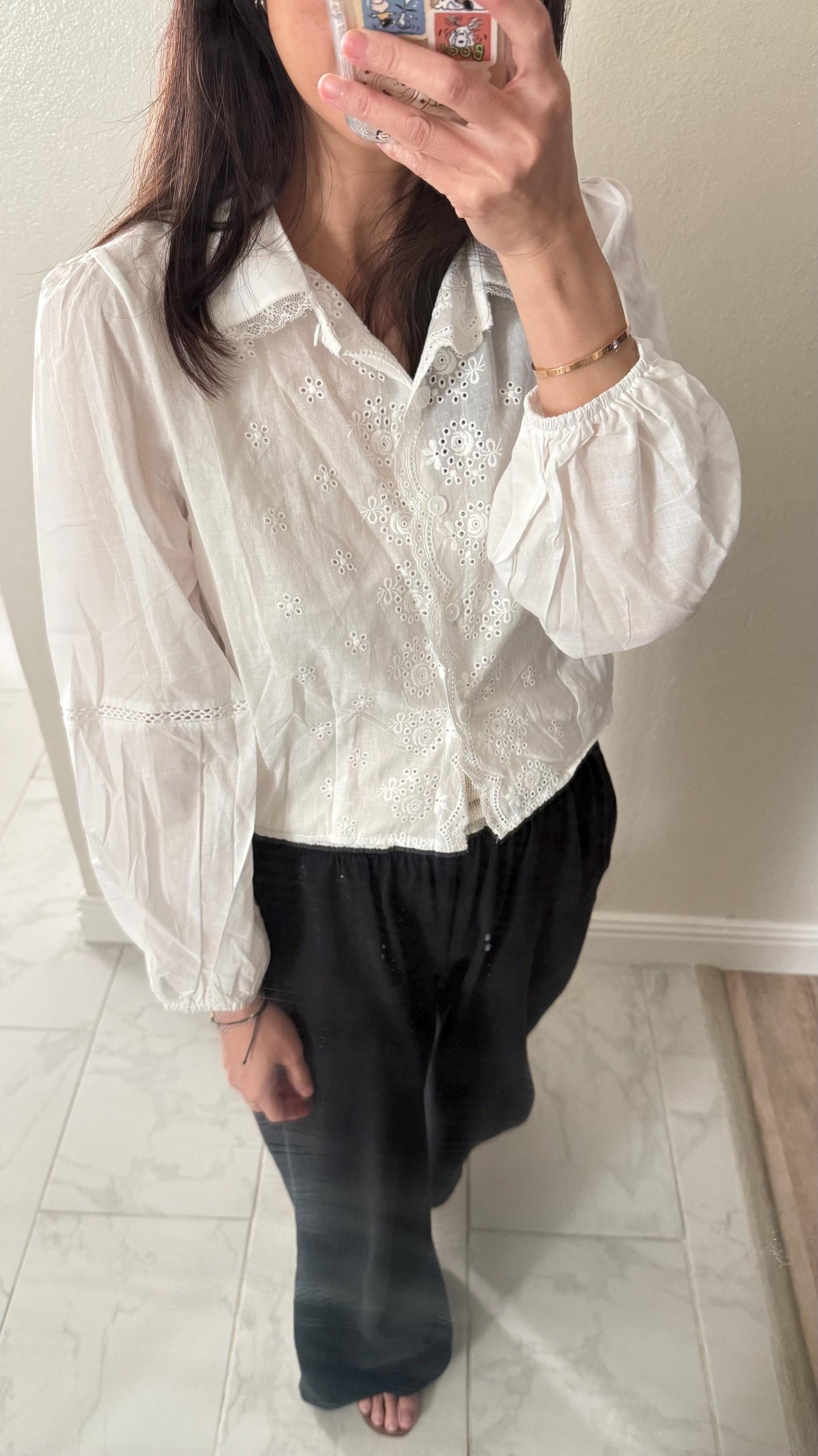 Cotton Eyelet Ruffle Blouse. Romantic Cottage core Whimsical Top. Peter pan collar sweet top. Cozy comfortable top.