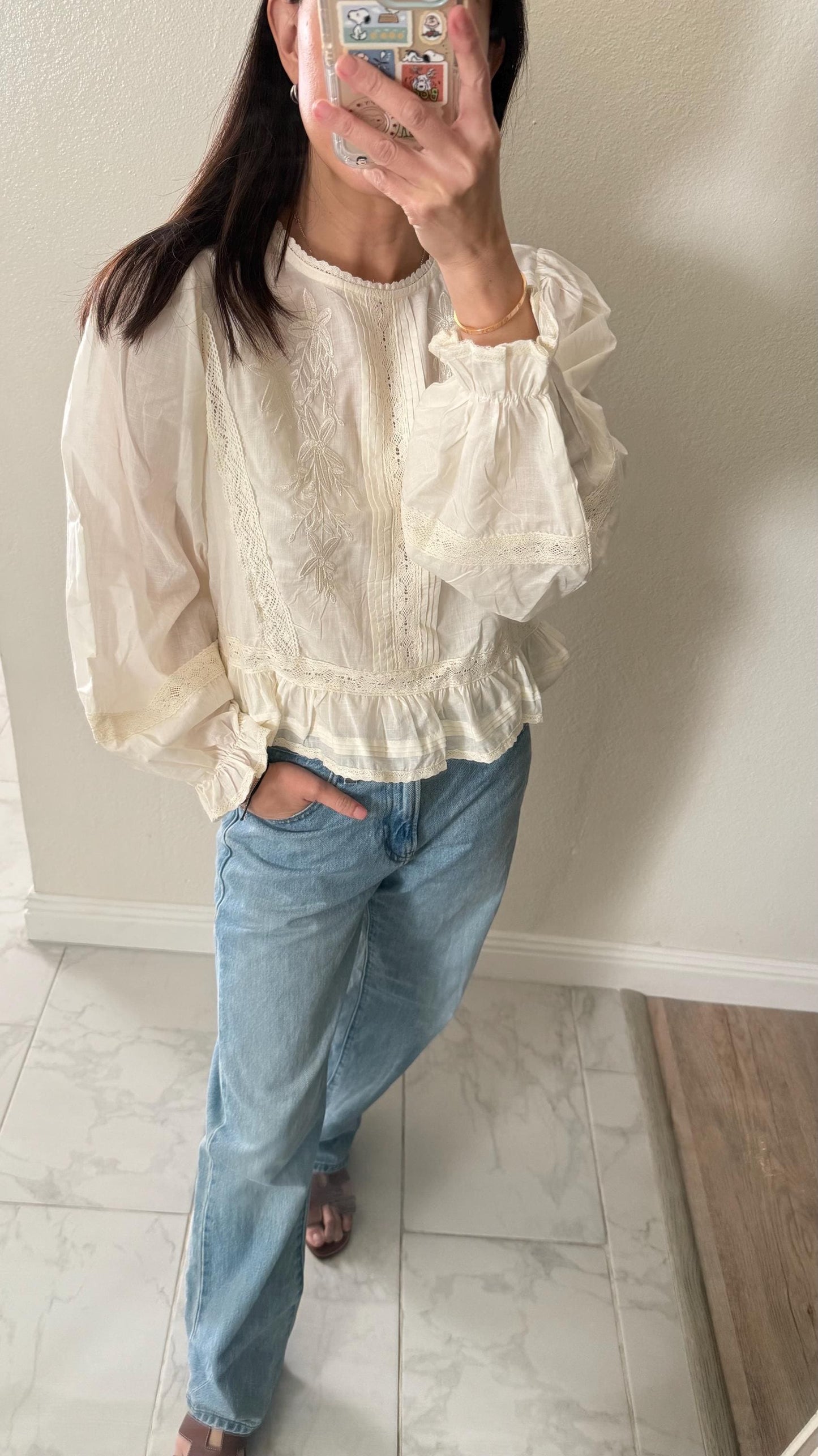 Cotton Eyelet Floral Embroidered Blouse. French Victorian Bohemian Style Top. Vintage Inspired Cotton Top. Pintuck Whimsical Cotton Top.