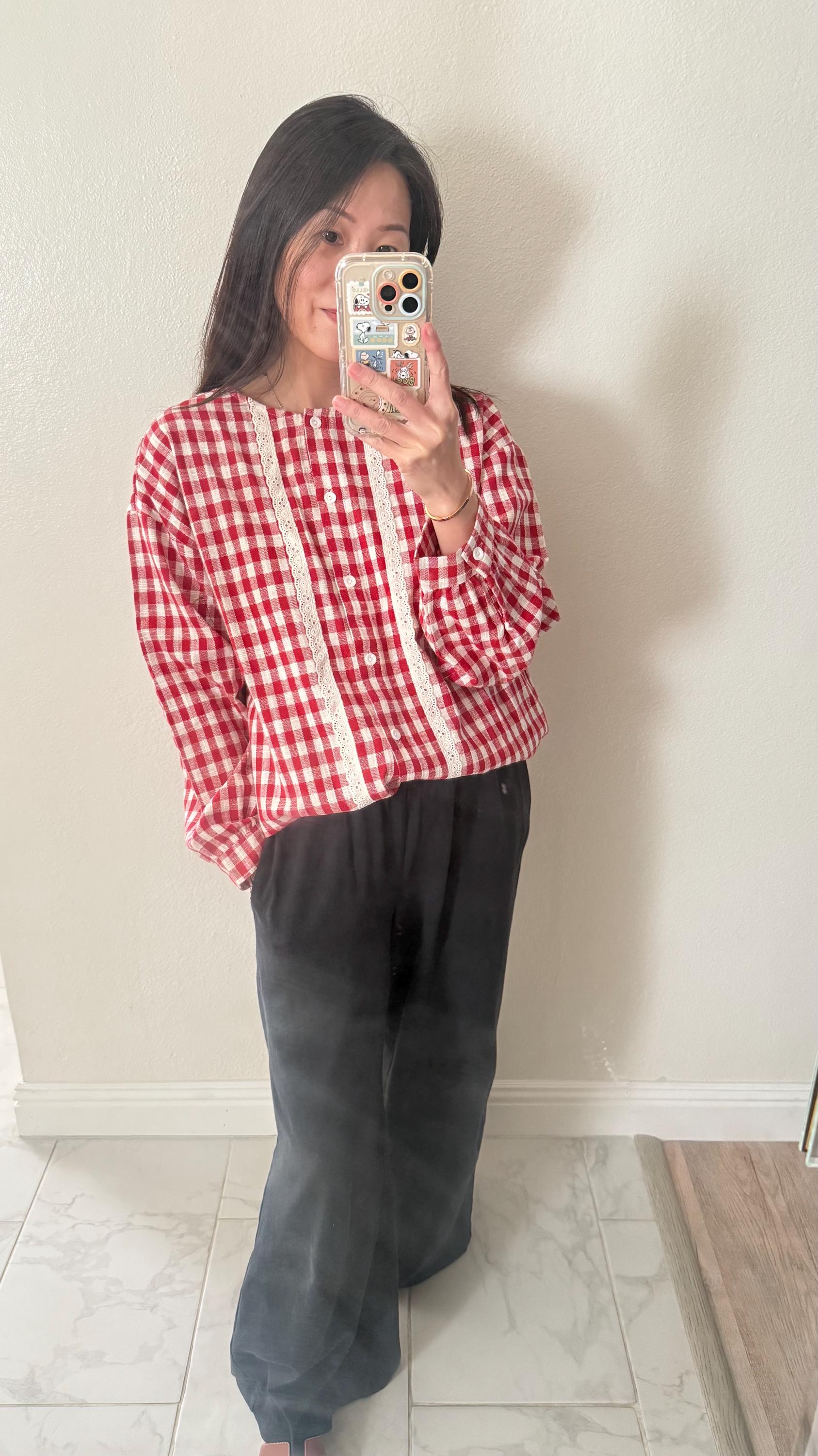 Red Gingham Cotton Top. French inspired Vintage Style top. Victorian boho top. Bohemian style top. Romantic top