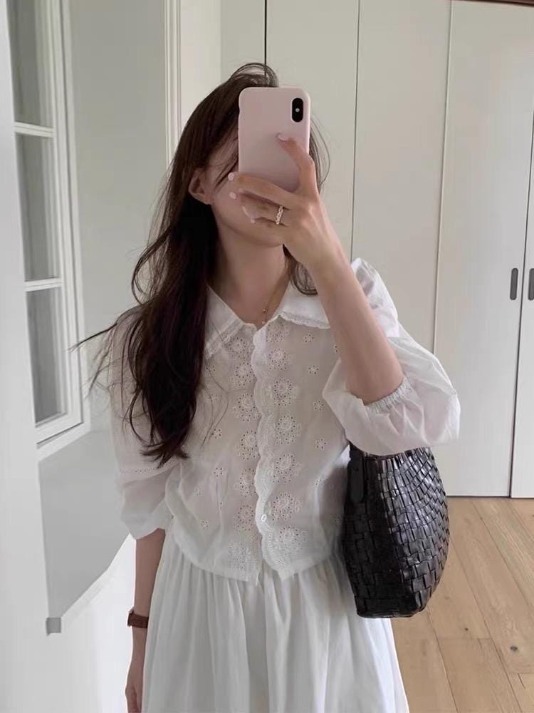 Cotton Eyelet Ruffle Blouse. Romantic Cottage core Whimsical Top. Peter pan collar sweet top. Cozy comfortable top.