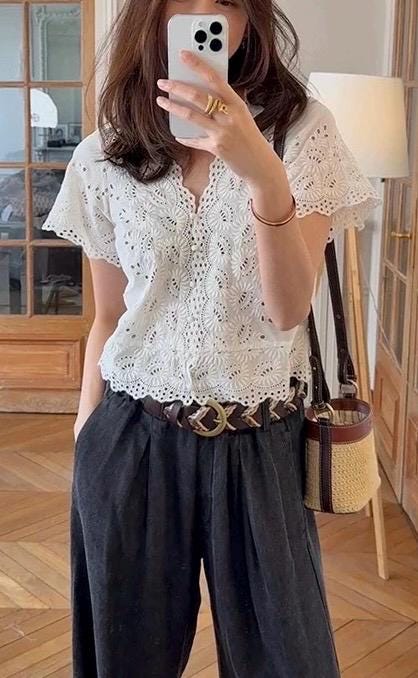 Cotton eyelet top. Vintage cottage core whimsical top inspired. Romantic cozy comfortable . Boho Victorian cotton top.
