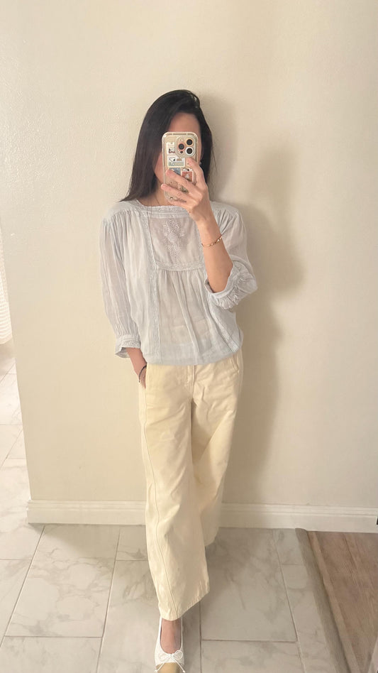 Casual pintuck blue lace romantic top . Cozy comfortable top. Cotton Victorian Boho romantic top. Classic ocean light cotton cozy top