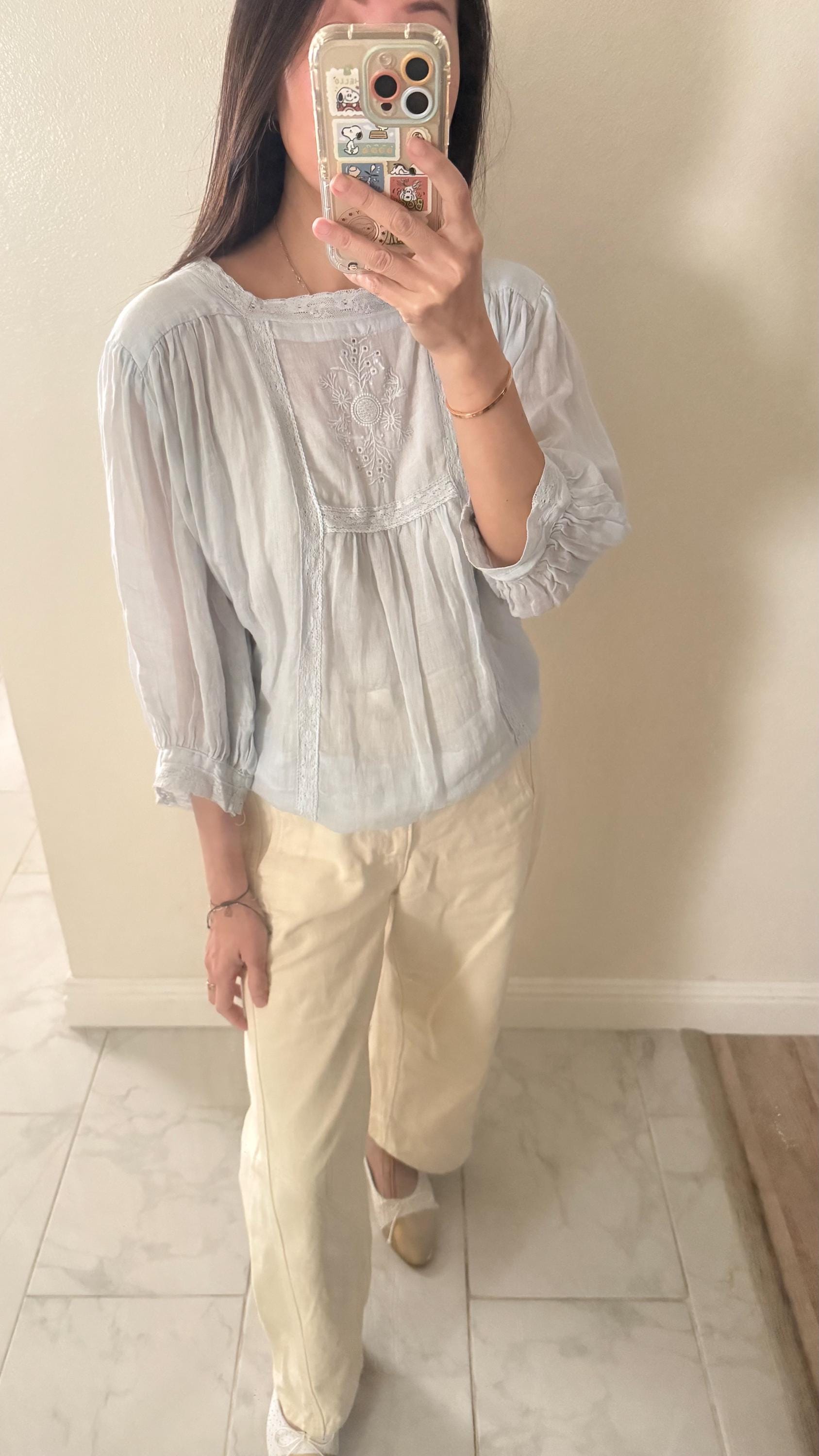 Casual pintuck blue lace romantic top . Cozy comfortable top. Cotton Victorian Boho romantic top. Classic ocean light cotton cozy top