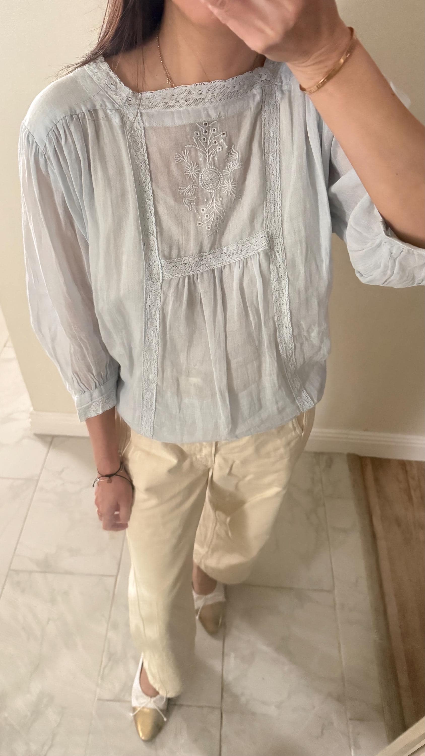 Casual pintuck blue lace romantic top . Cozy comfortable top. Cotton Victorian Boho romantic top. Classic ocean light cotton cozy top