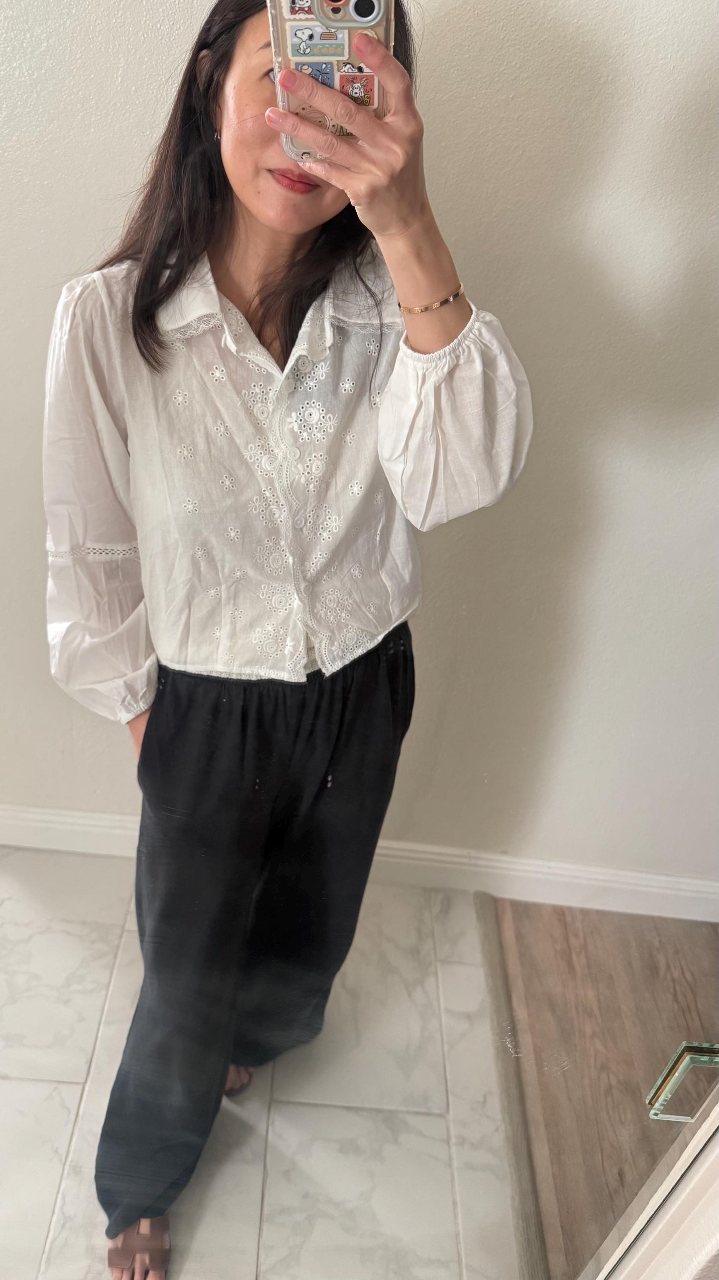 Cotton Eyelet Ruffle Blouse. Romantic Cottage core Whimsical Top. Peter pan collar sweet top. Cozy comfortable top.