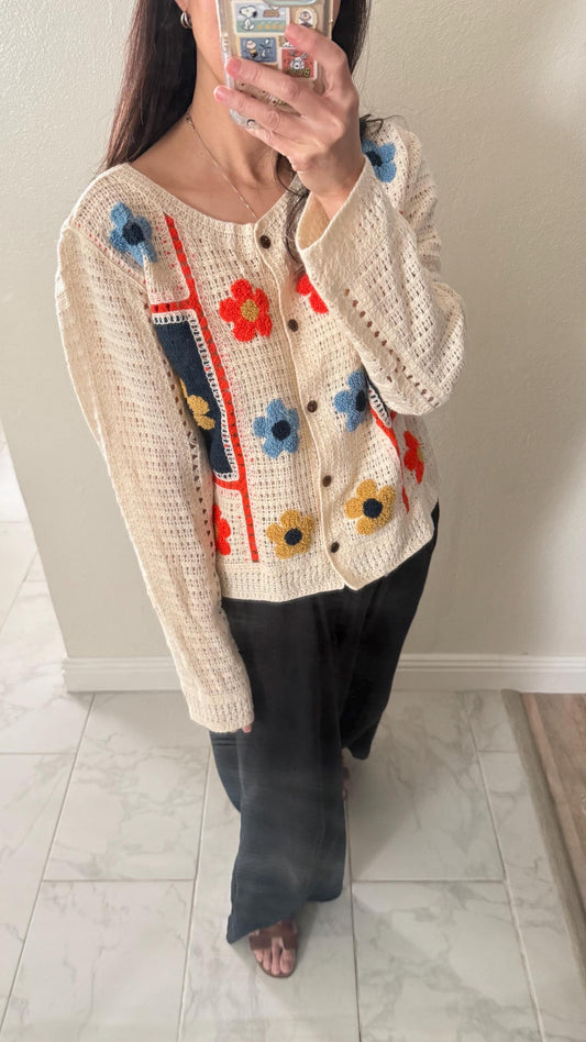 Cotton Knit Floral Lace Blouse. French Vintage Inspired Shirt Cardigan. Cotton Cardigan. Floral spring summer cardigan. Victorian cardigan