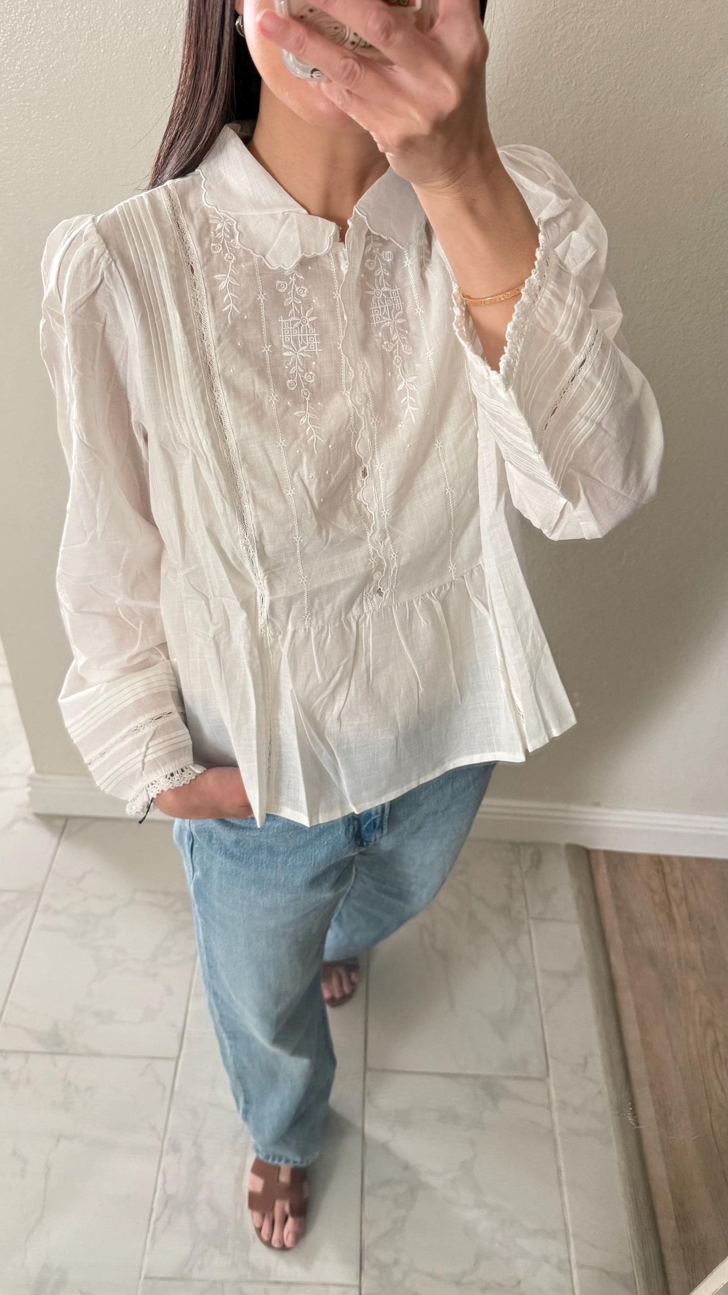 Cotton white floral embroidered top. Vintage Inspired Style Top. Cottage core style blouse. Boho Victorian Top.