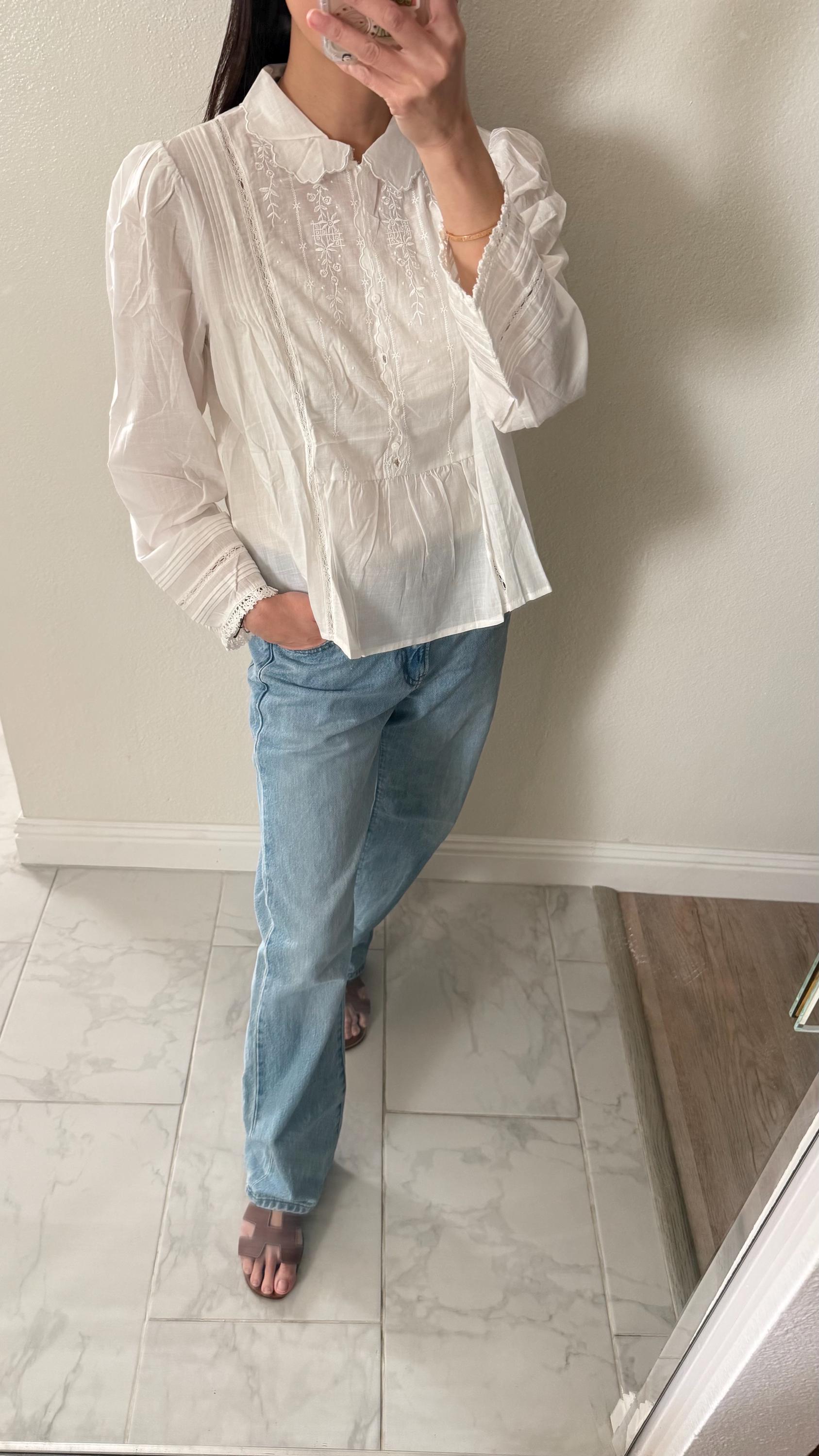 Cotton white floral embroidered top. Vintage Inspired Style Top. Cottage core style blouse. Boho Victorian Top.