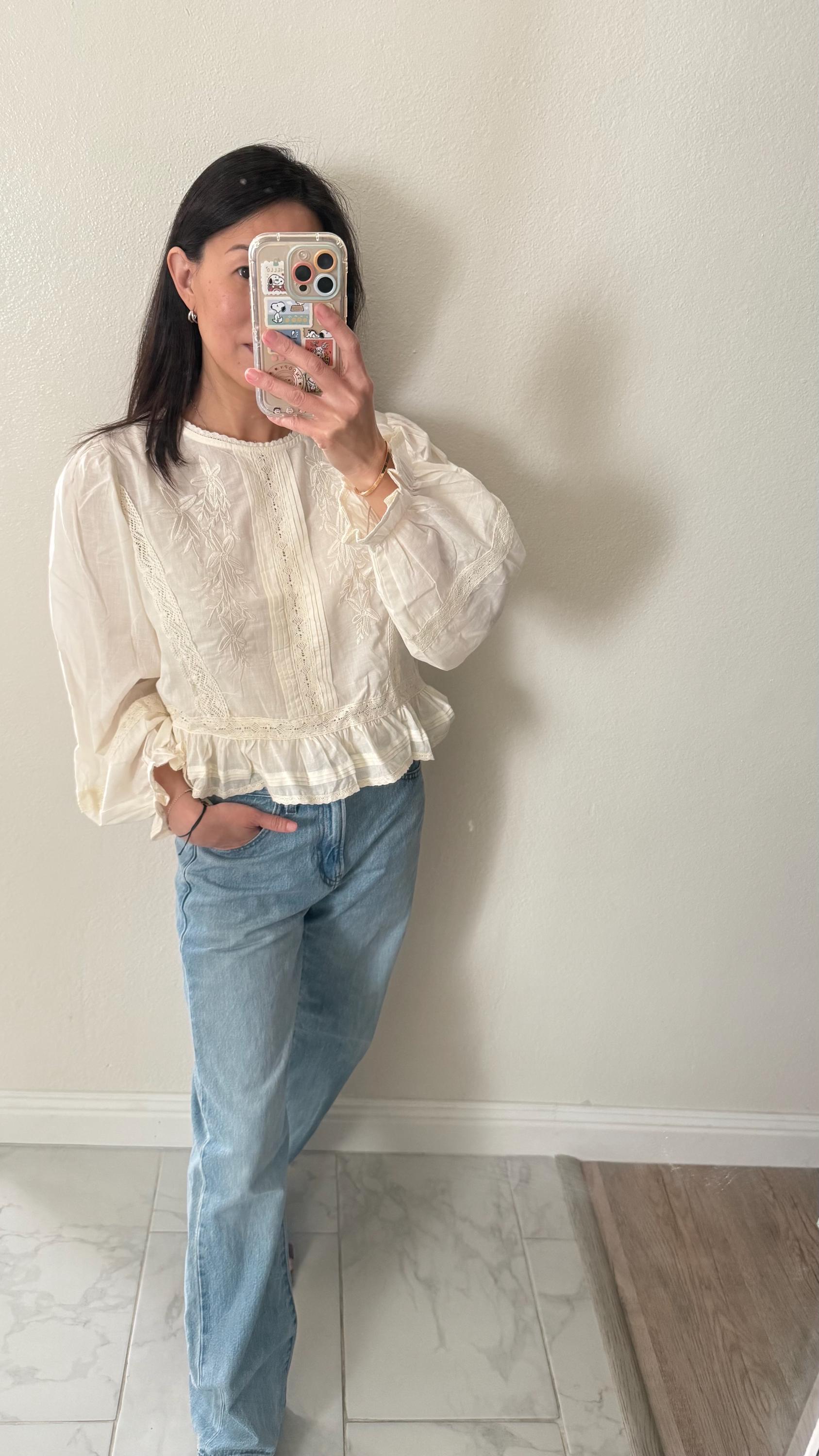 Cotton Eyelet Floral Embroidered Blouse. French Victorian Bohemian Style Top. Vintage Inspired Cotton Top. Pintuck Whimsical Cotton Top.