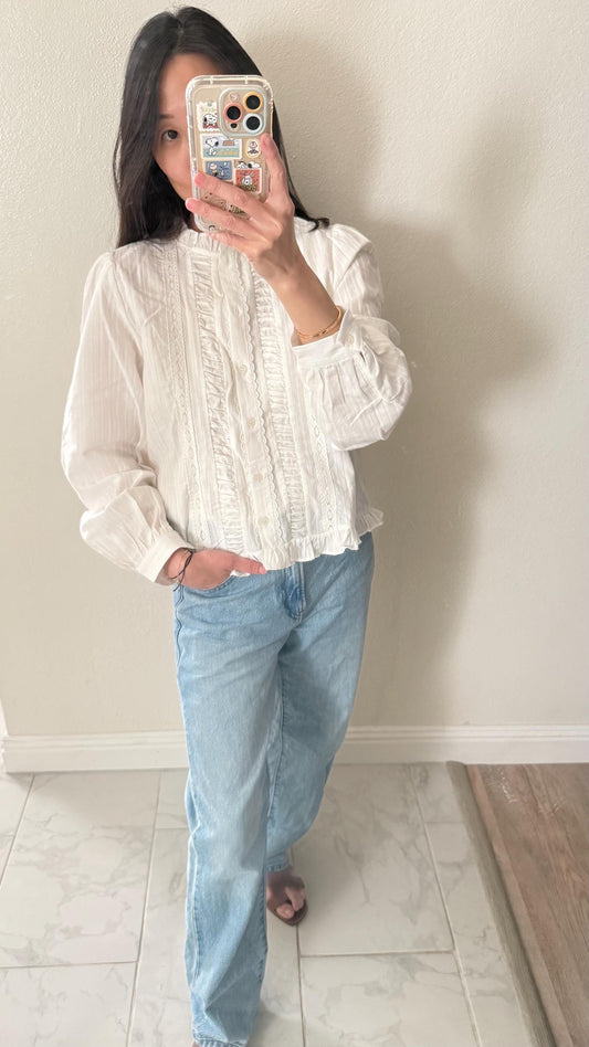 Casual pintuck white lace romantic top . Cozy comfortable top. Cotton Victorian Boho romantic top. . Classic white cotton cozy top