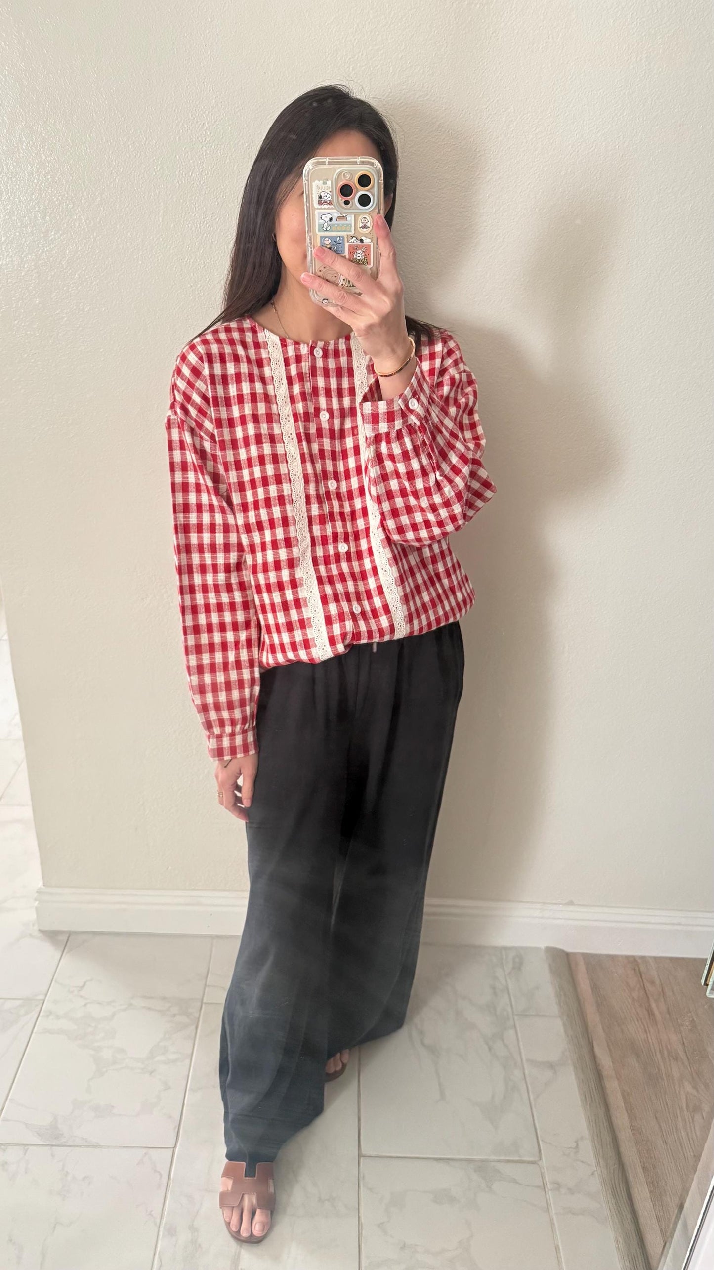 Red Gingham Cotton Top. French inspired Vintage Style top. Victorian boho top. Bohemian style top. Romantic top