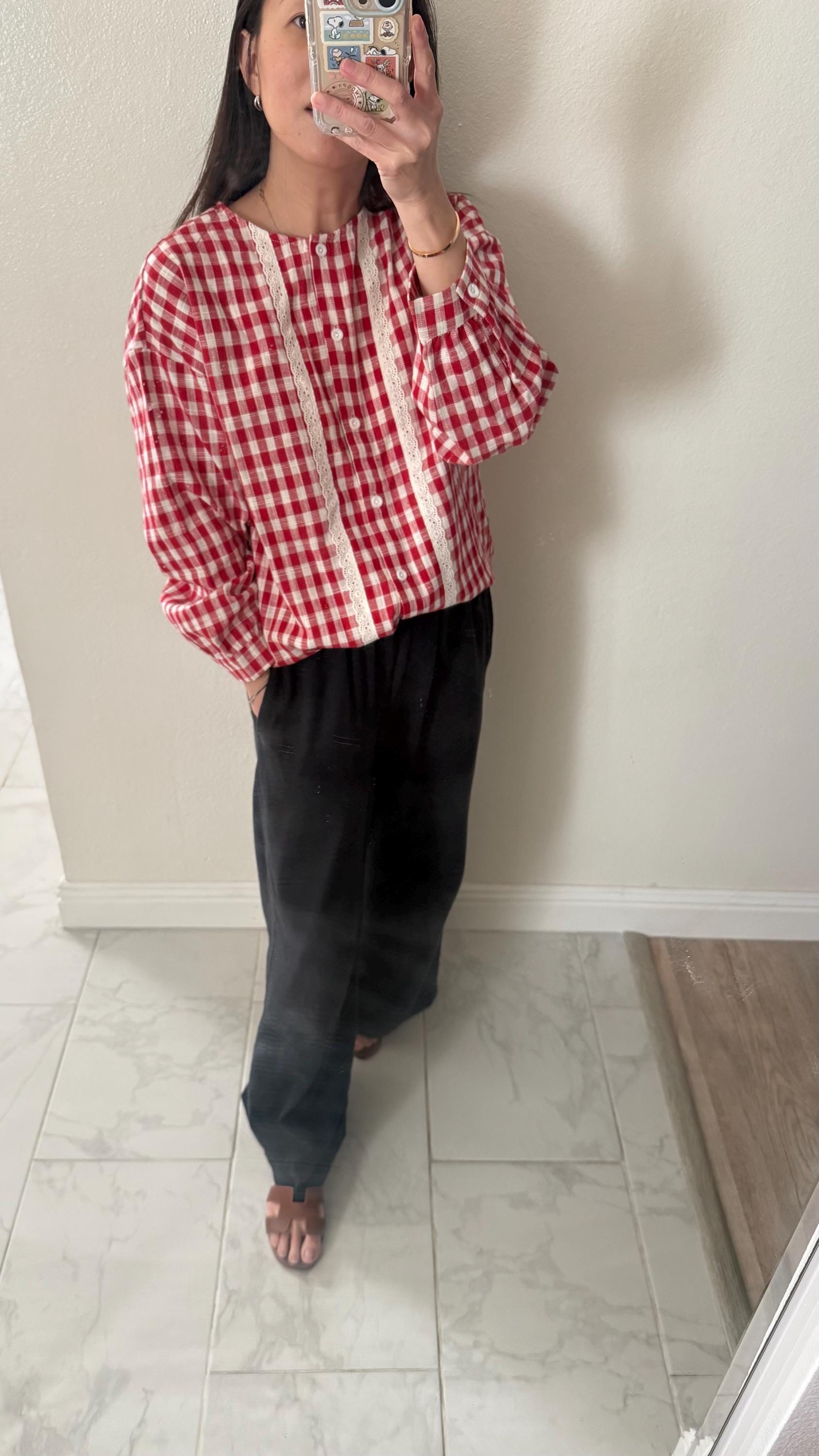 Red Gingham Cotton Top. French inspired Vintage Style top. Victorian boho top. Bohemian style top. Romantic top