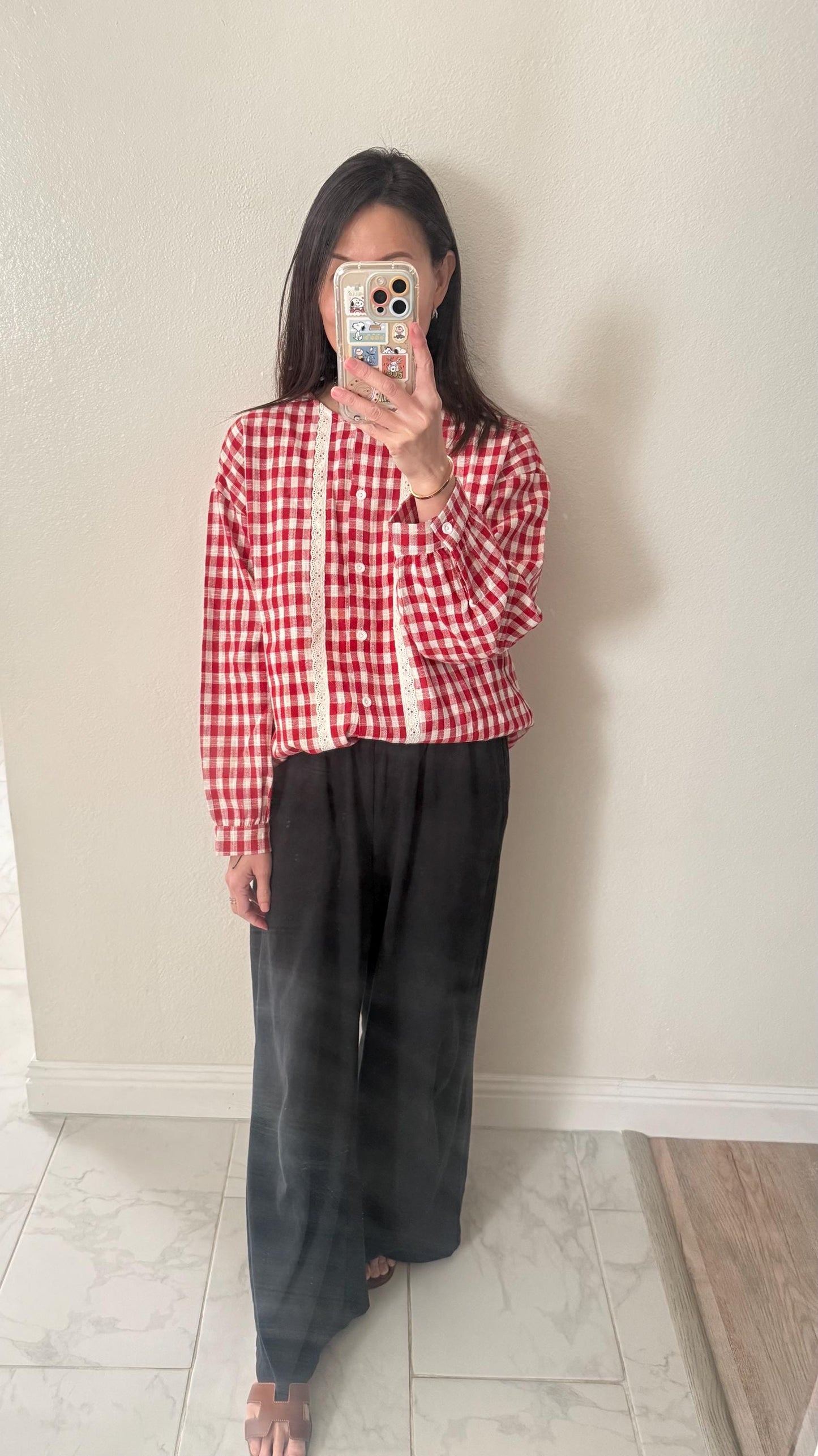 Red Gingham Cotton Top. French inspired Vintage Style top. Victorian boho top. Bohemian style top. Romantic top