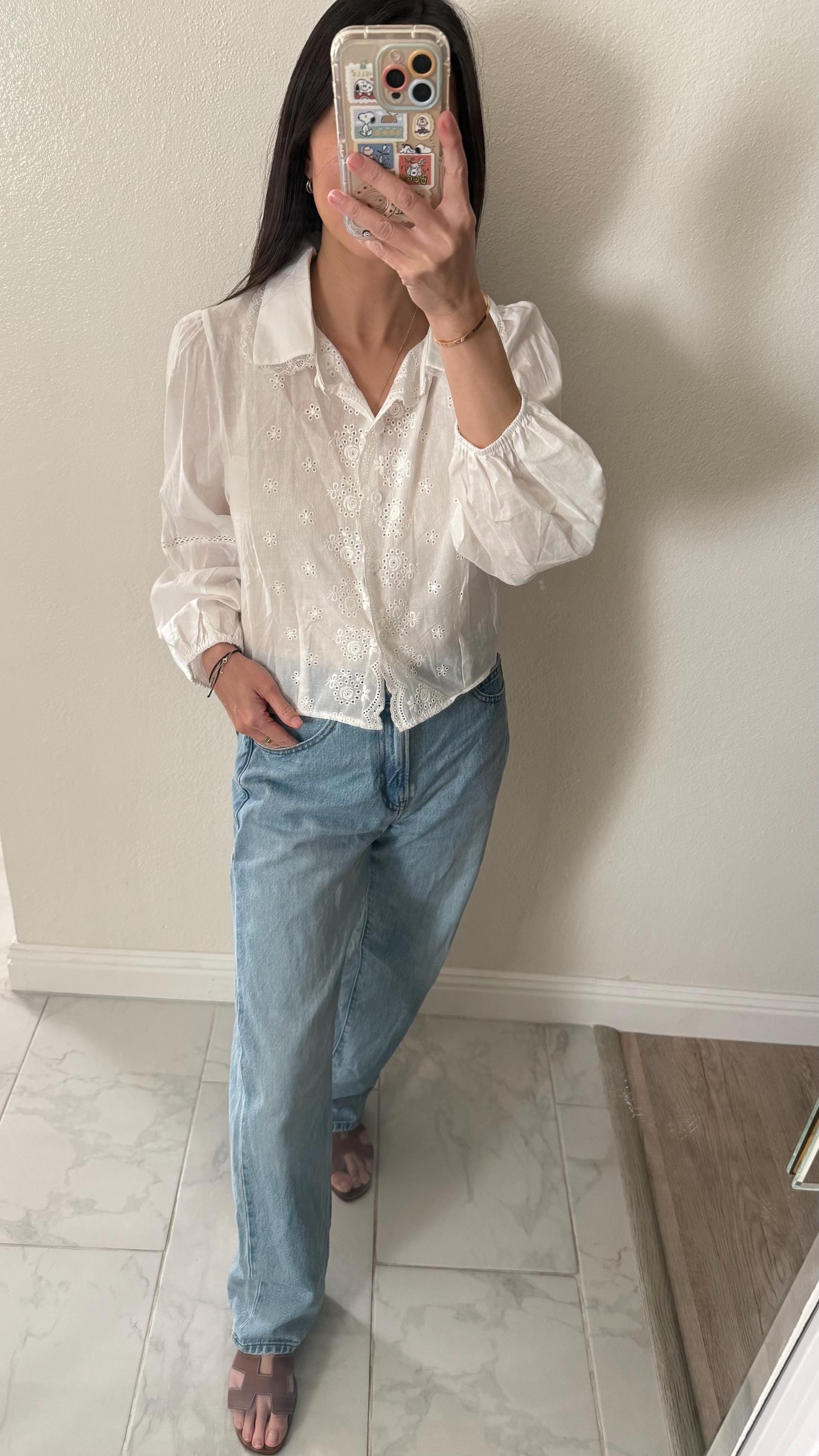 Cotton Eyelet Ruffle Blouse. Romantic Cottage core Whimsical Top. Peter pan collar sweet top. Cozy comfortable top.