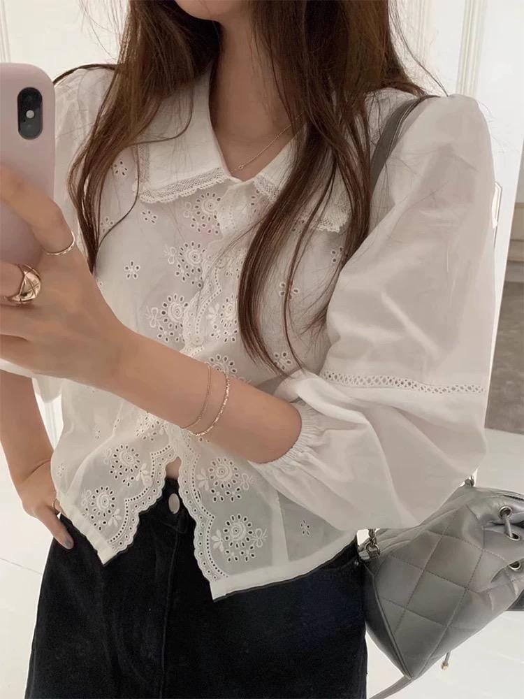 Cotton Eyelet Ruffle Blouse. Romantic Cottage core Whimsical Top. Peter pan collar sweet top. Cozy comfortable top.