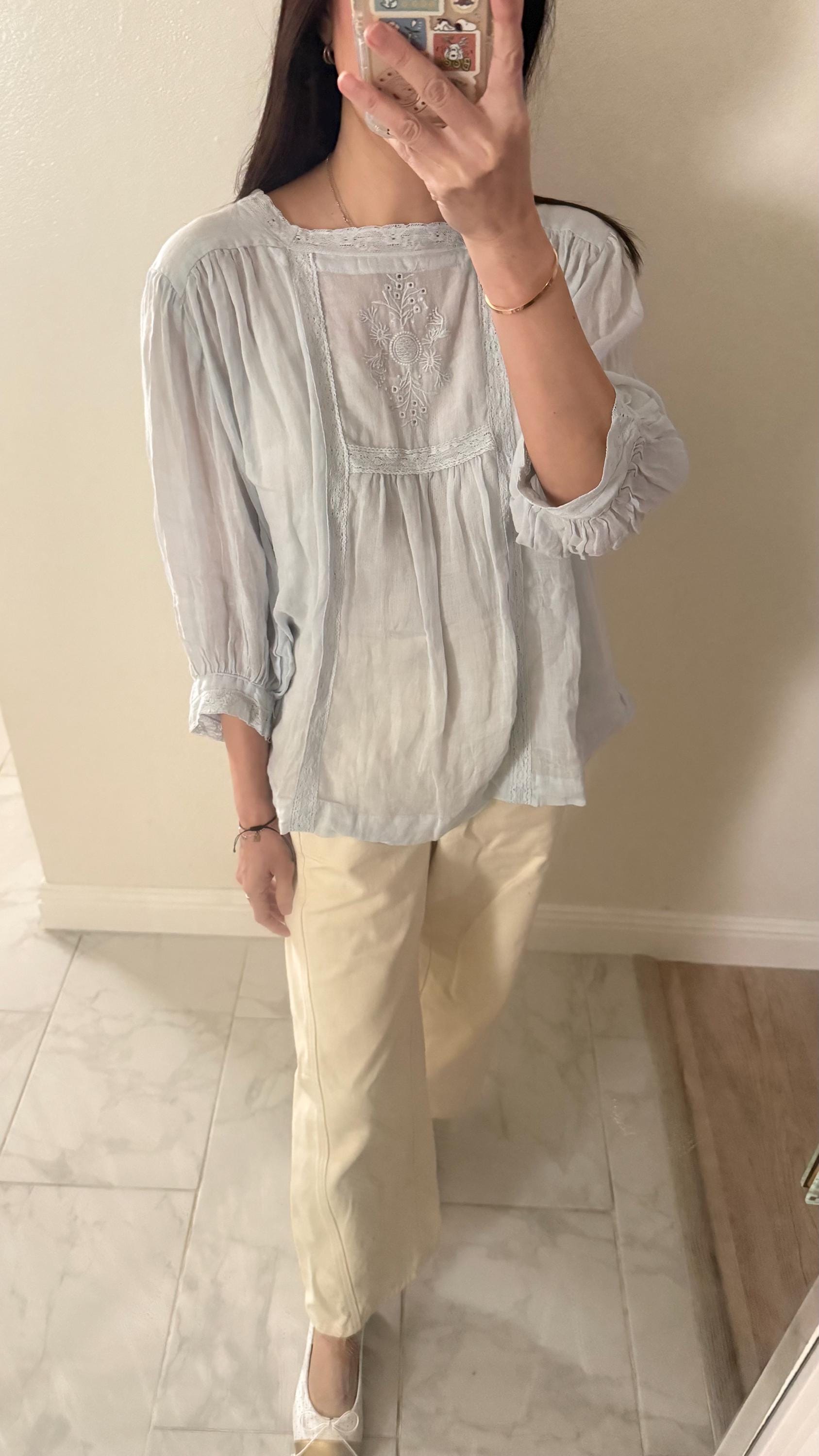 Casual pintuck blue lace romantic top . Cozy comfortable top. Cotton Victorian Boho romantic top. Classic ocean light cotton cozy top