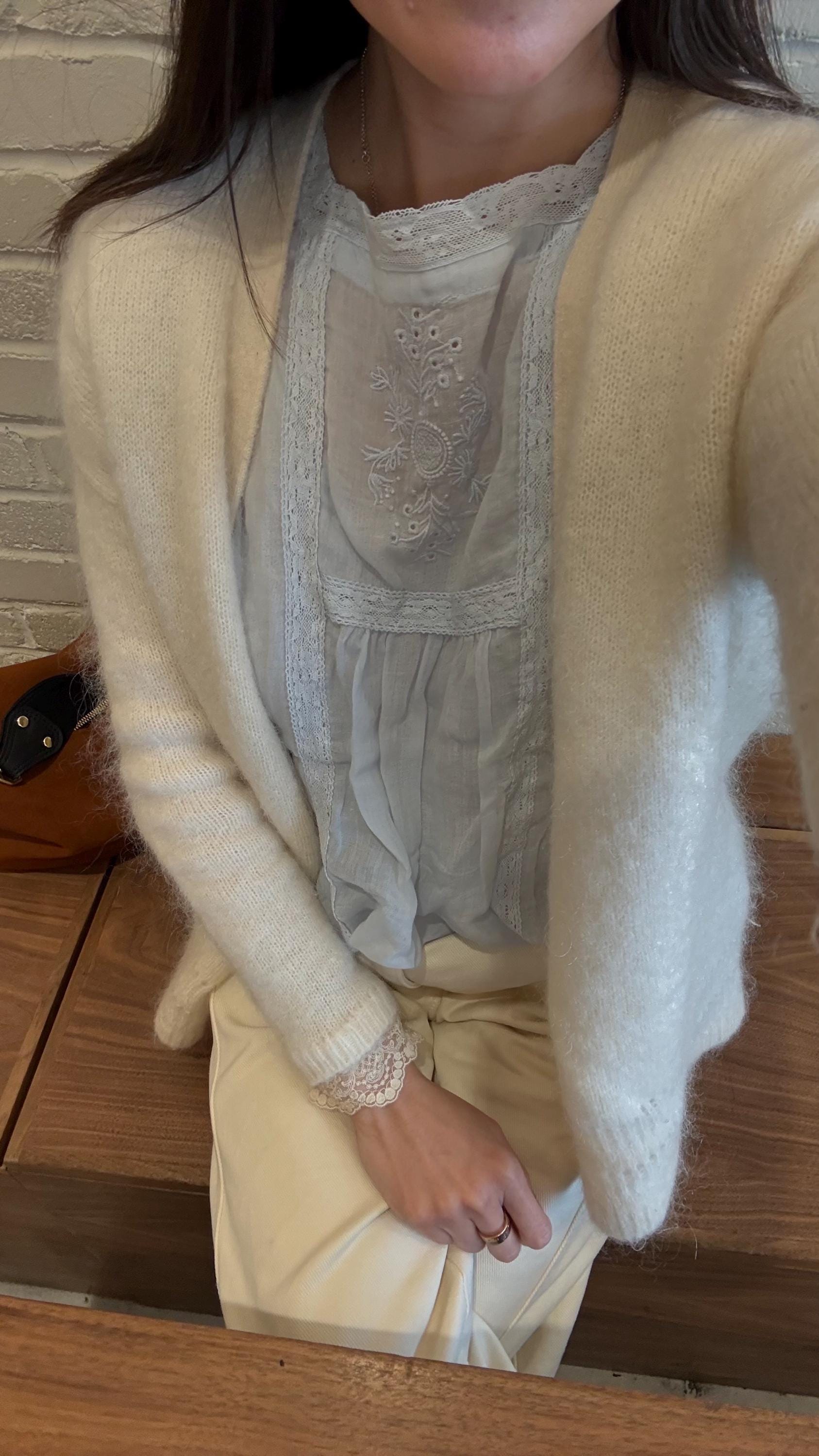 Casual pintuck blue lace romantic top . Cozy comfortable top. Cotton Victorian Boho romantic top. Classic ocean light cotton cozy top
