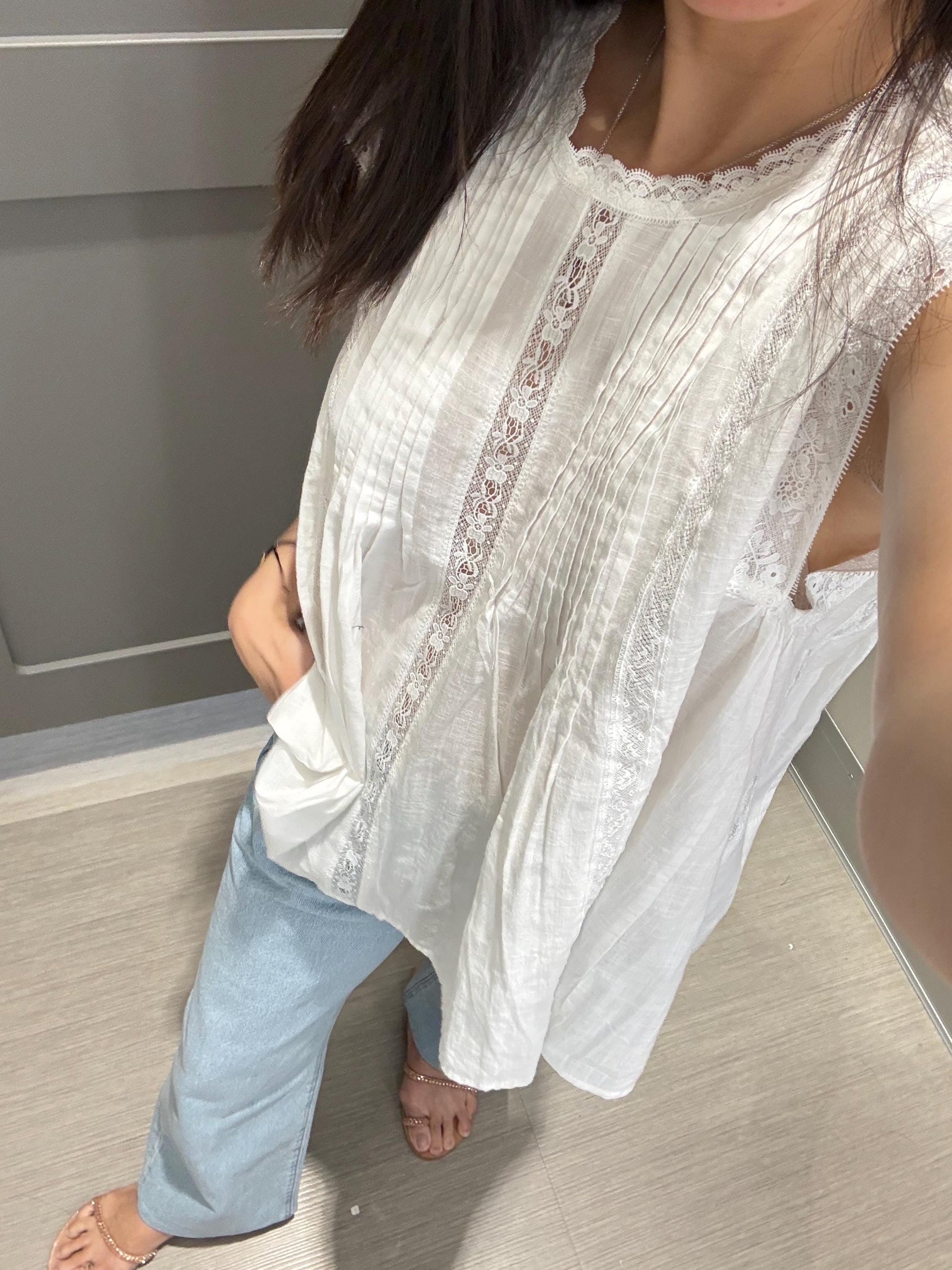 Casual pintuck white lace romantic top . Cozy comfortable top. Cotton Victorian Boho romantic top. Eyelet cotton cozy top.