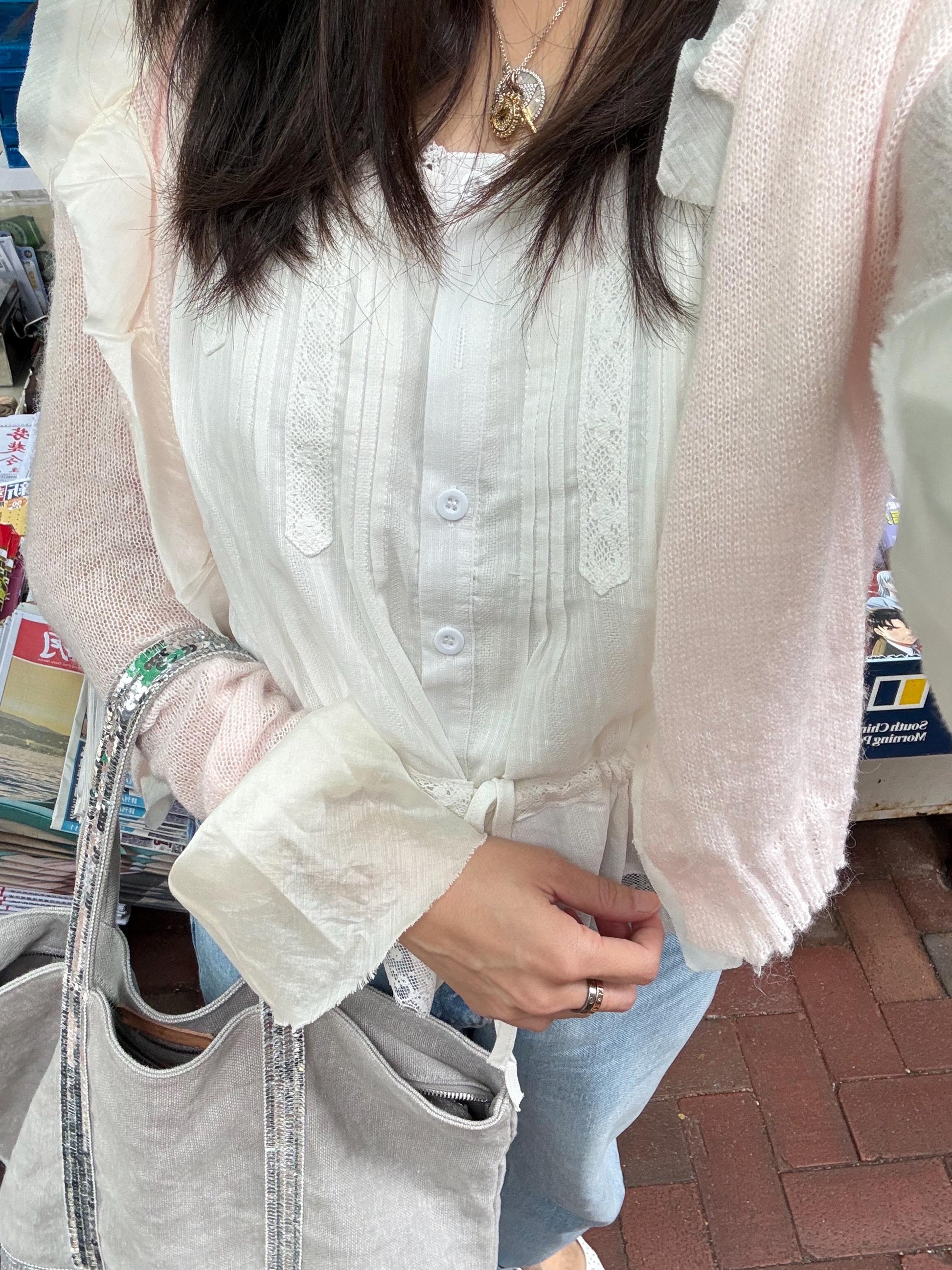 Casual cotton shirt french eyelet with ruffle vintage inspired . Cozy cottage vibe top.Romantic blouse. Doen inspired top. Sezane inspired