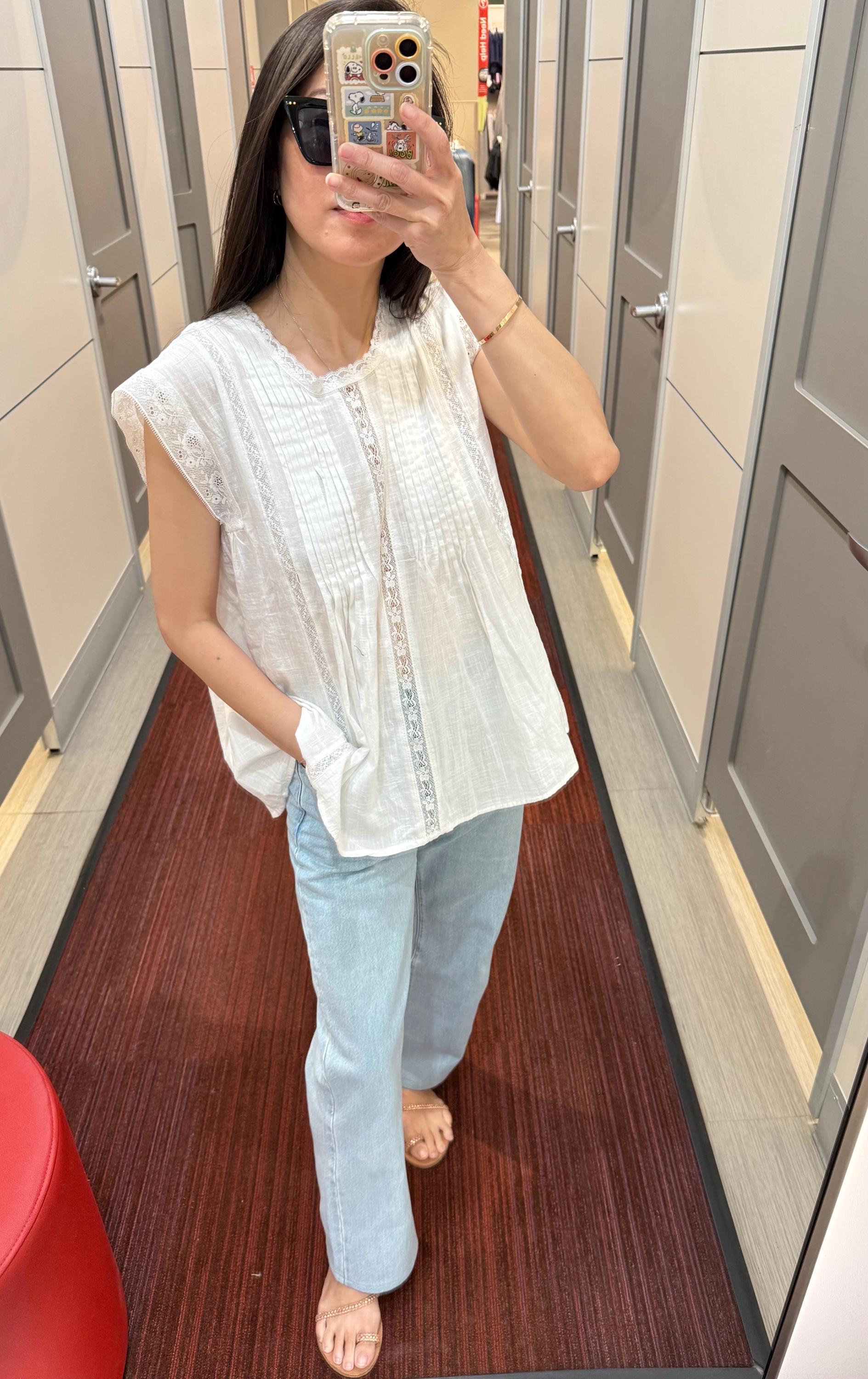 Casual pintuck white lace romantic top . Cozy comfortable top. Cotton Victorian Boho romantic top. Eyelet cotton cozy top.