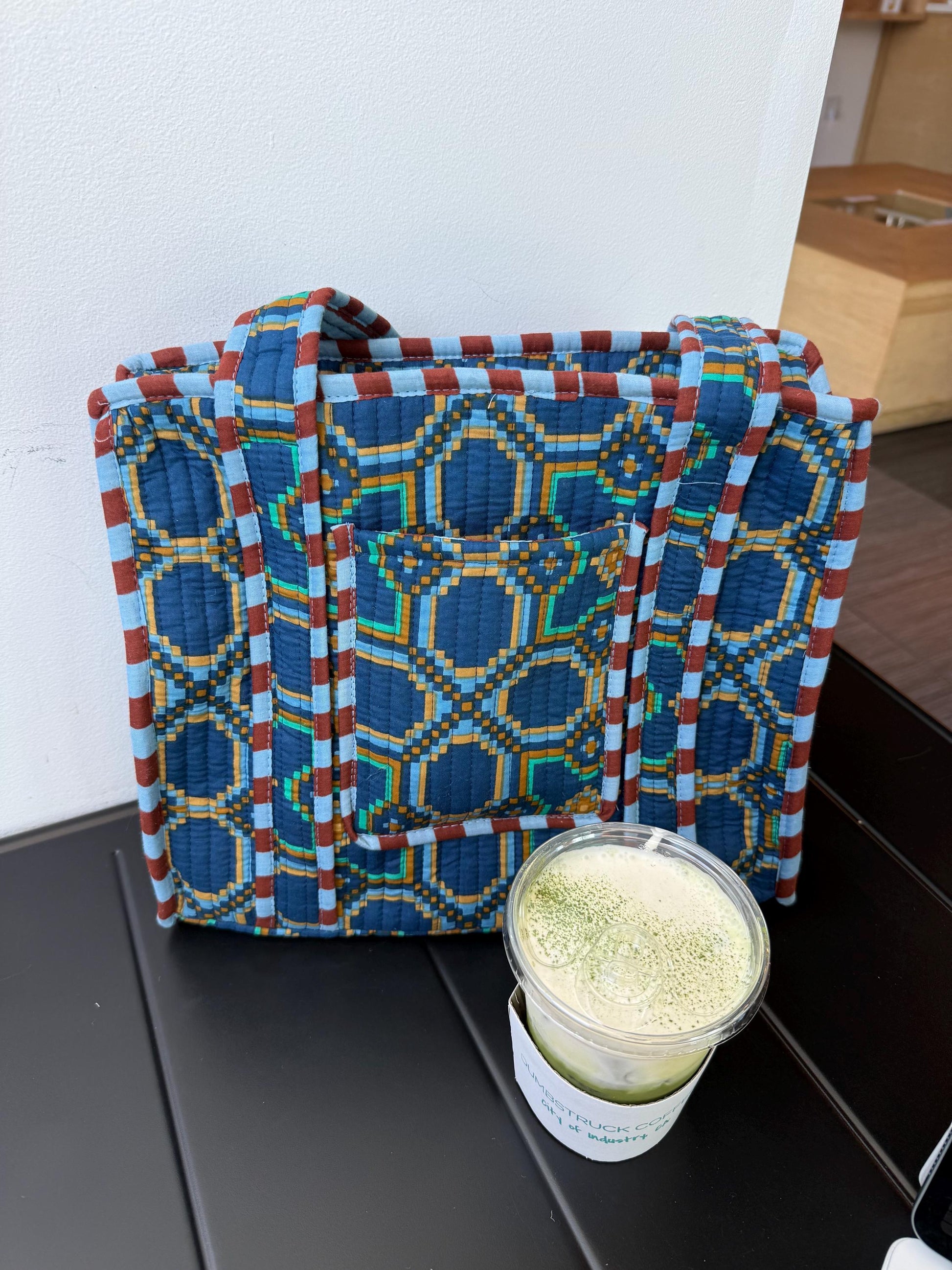 Hand Block Print Cotton Quilt Tote Bag. Geometry Zipper Tote Bag. Everyday Bag. Travel tote bag. Tote bags with pockets. Mother’s Day gifts
