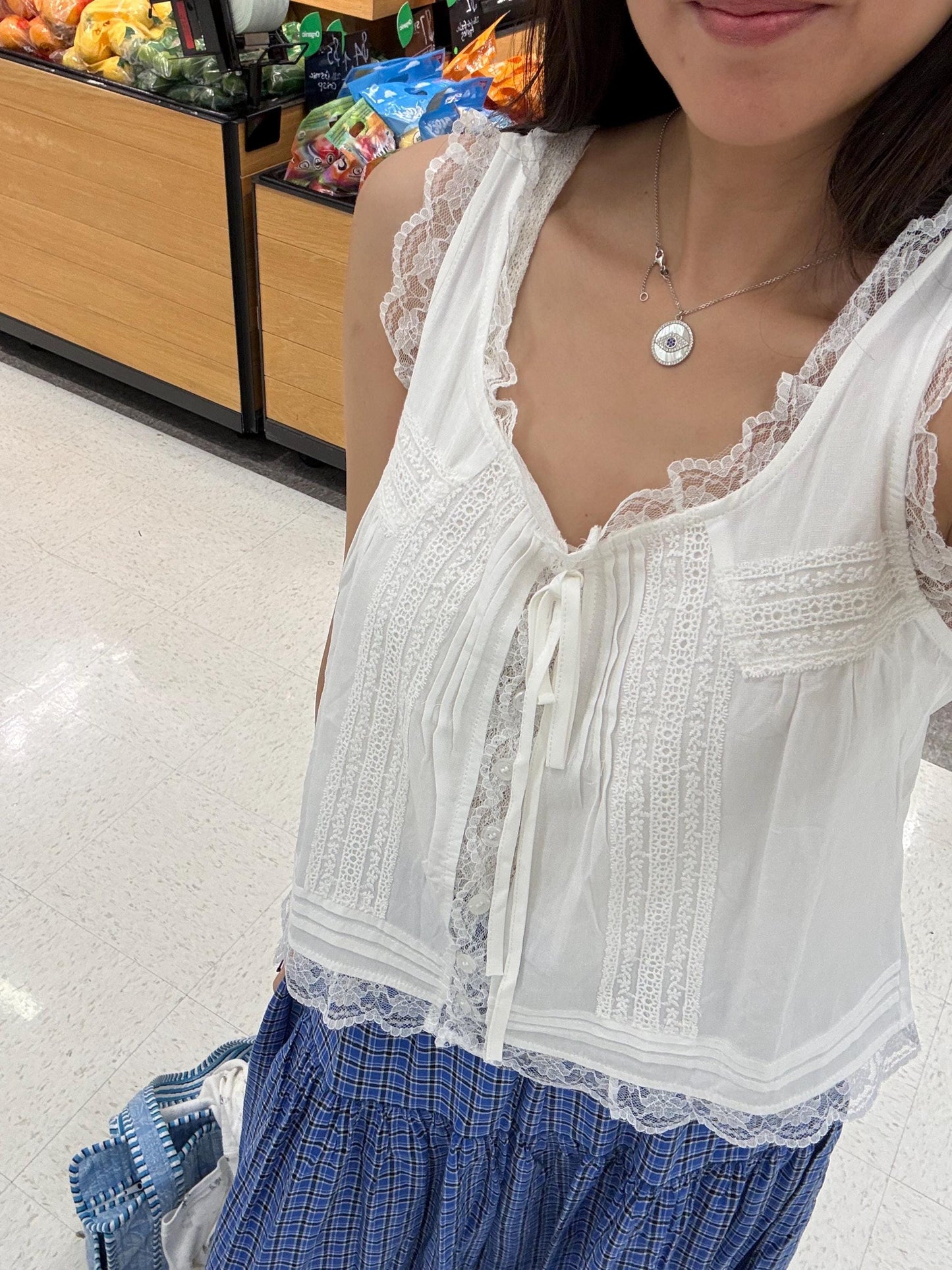 Casual embroidery white pintuck lace romantic top . Whimsical cottagecore top. Cotton Victorian romantic top. Natural fiber top.