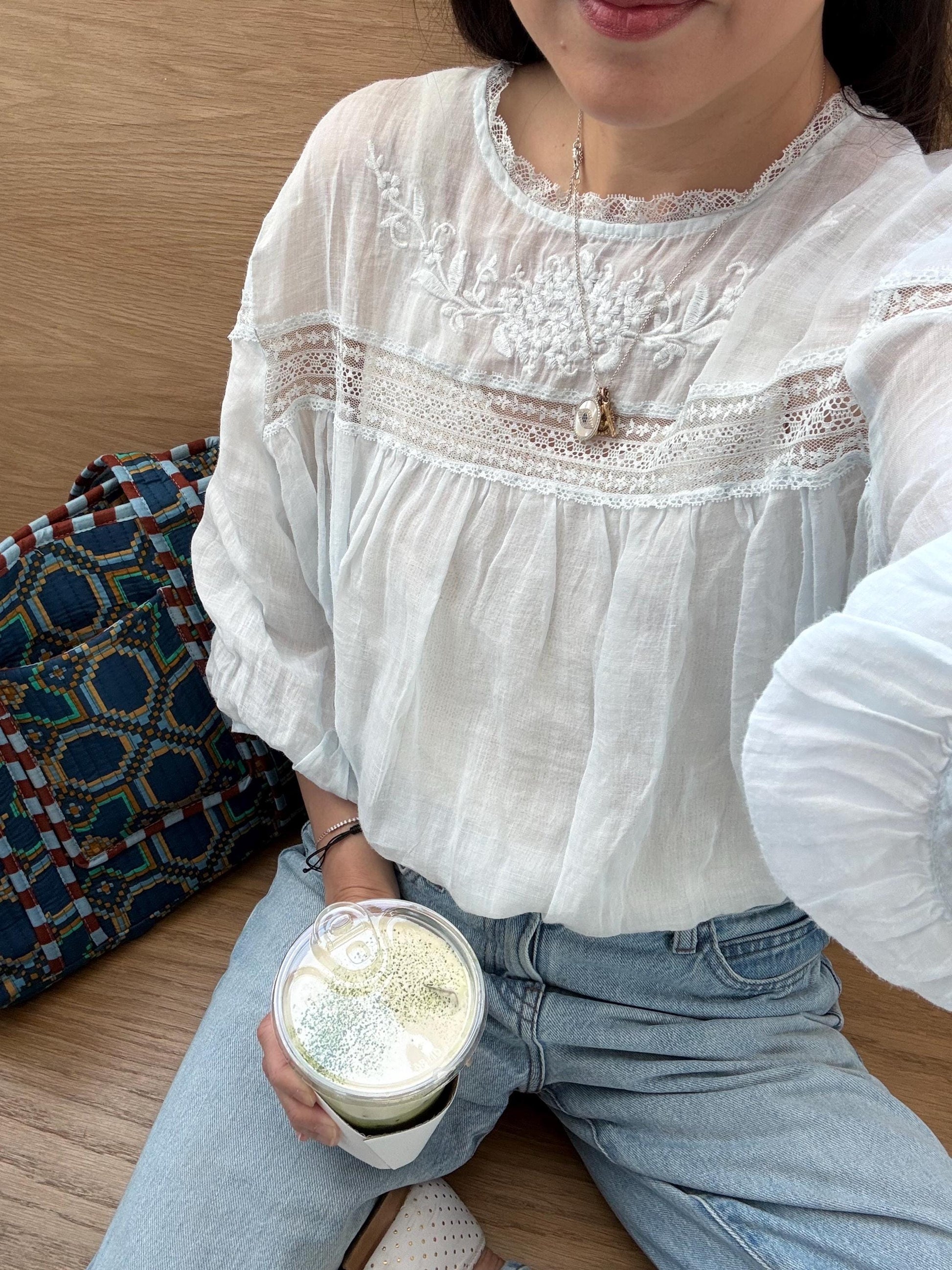 Cotton soft blue embroidered top. Vintage French Inspired Top. Cottage core whimsical blouse. Boho Victorian Natural Fiber top.