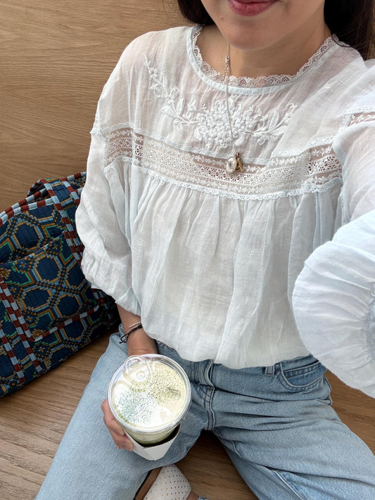 Cotton soft blue embroidered top. Vintage French Inspired Top. Cottage core whimsical blouse. Boho Victorian Natural Fiber top.